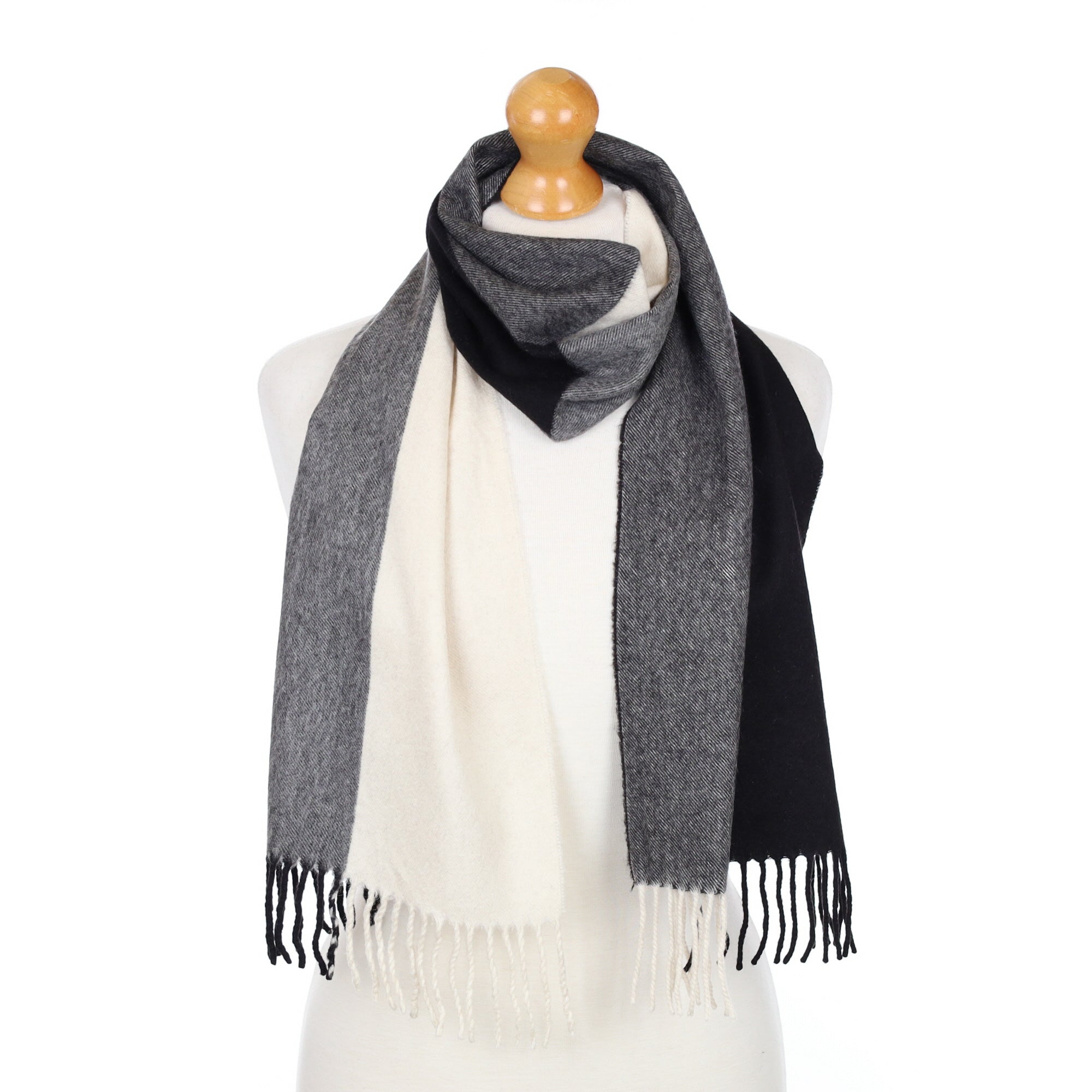 Black and White Striped Fringed Cashmere Woven Scarf
