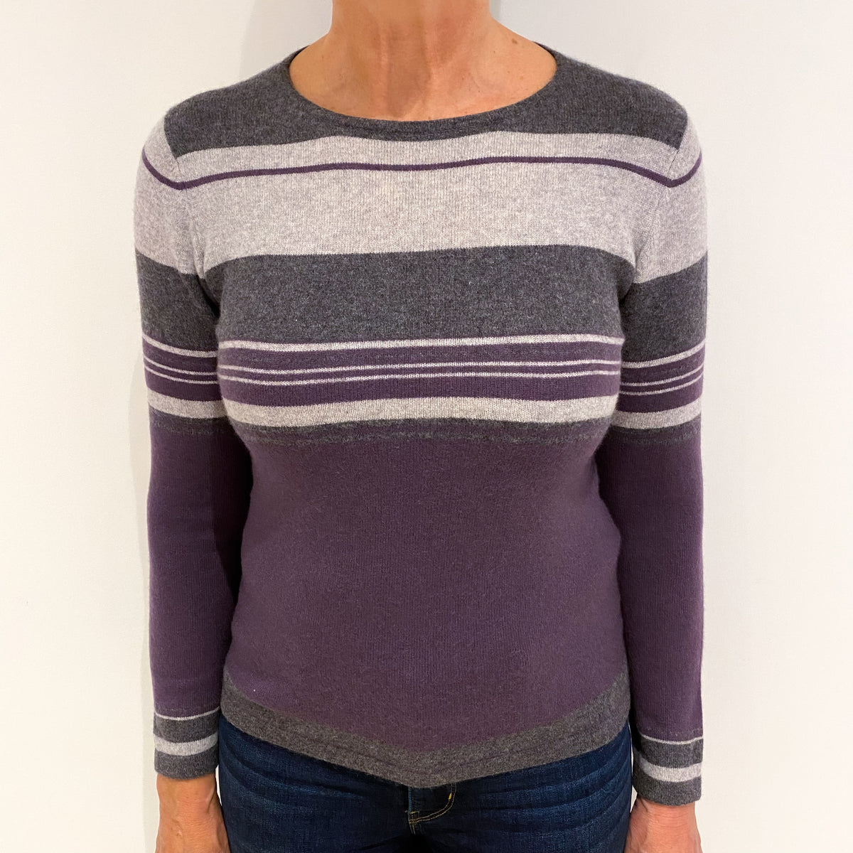 Grey and Purple Stripe Cashmere Crew Neck Jumper Medium