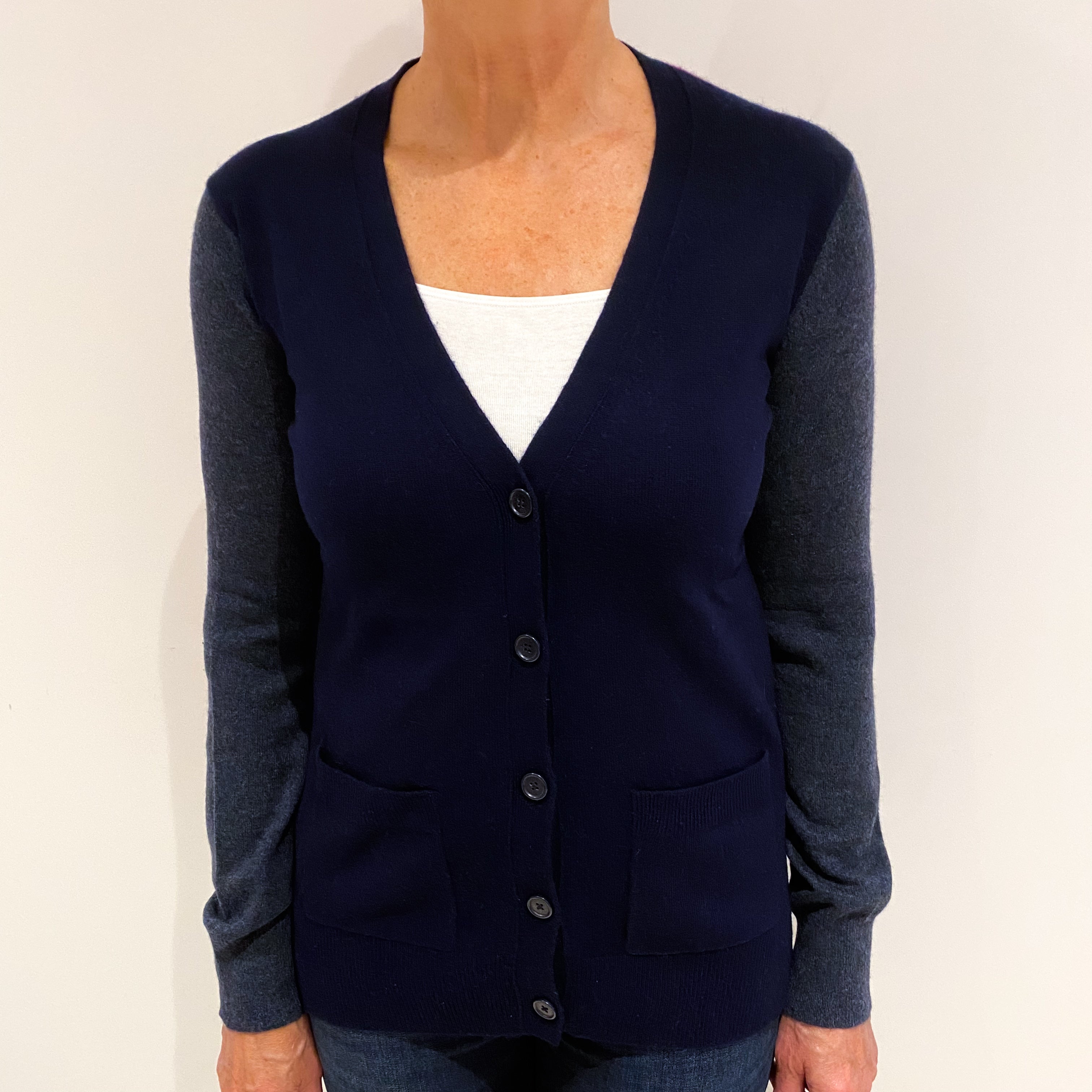 Navy Ruby Red and Charcoal Cashmere V Neck Cardigan Medium