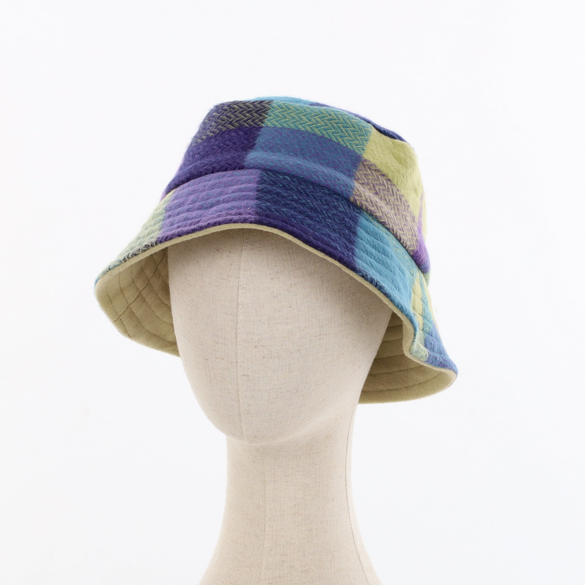 Unisex Blue and Purple Check Reversible Cashmere Bucket Hat Men’s - M Women’s - L