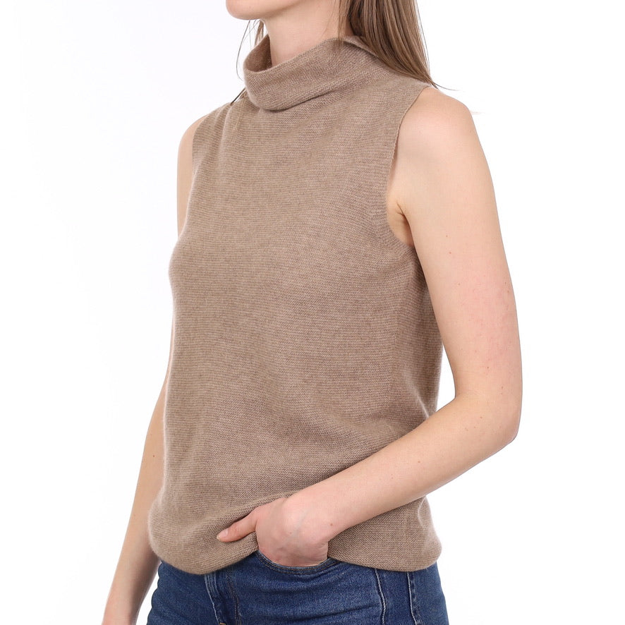 Italian Maison Cashmere Taupe Brown Sleeveless Funnel Neck Jumper Small