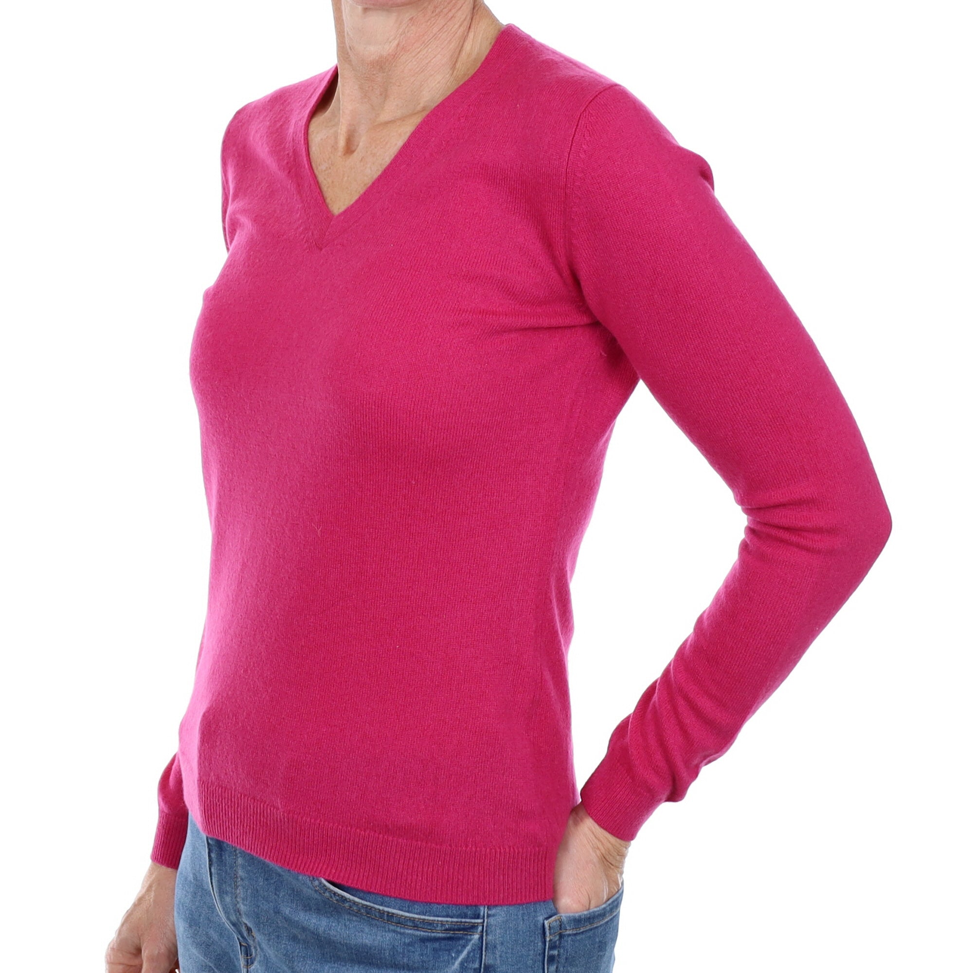 Fuchsia Pink Cashmere V Neck Jumper Small