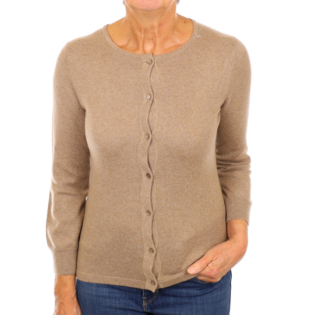 Taupe Brown Cashmere Crew Neck Cardigan Medium