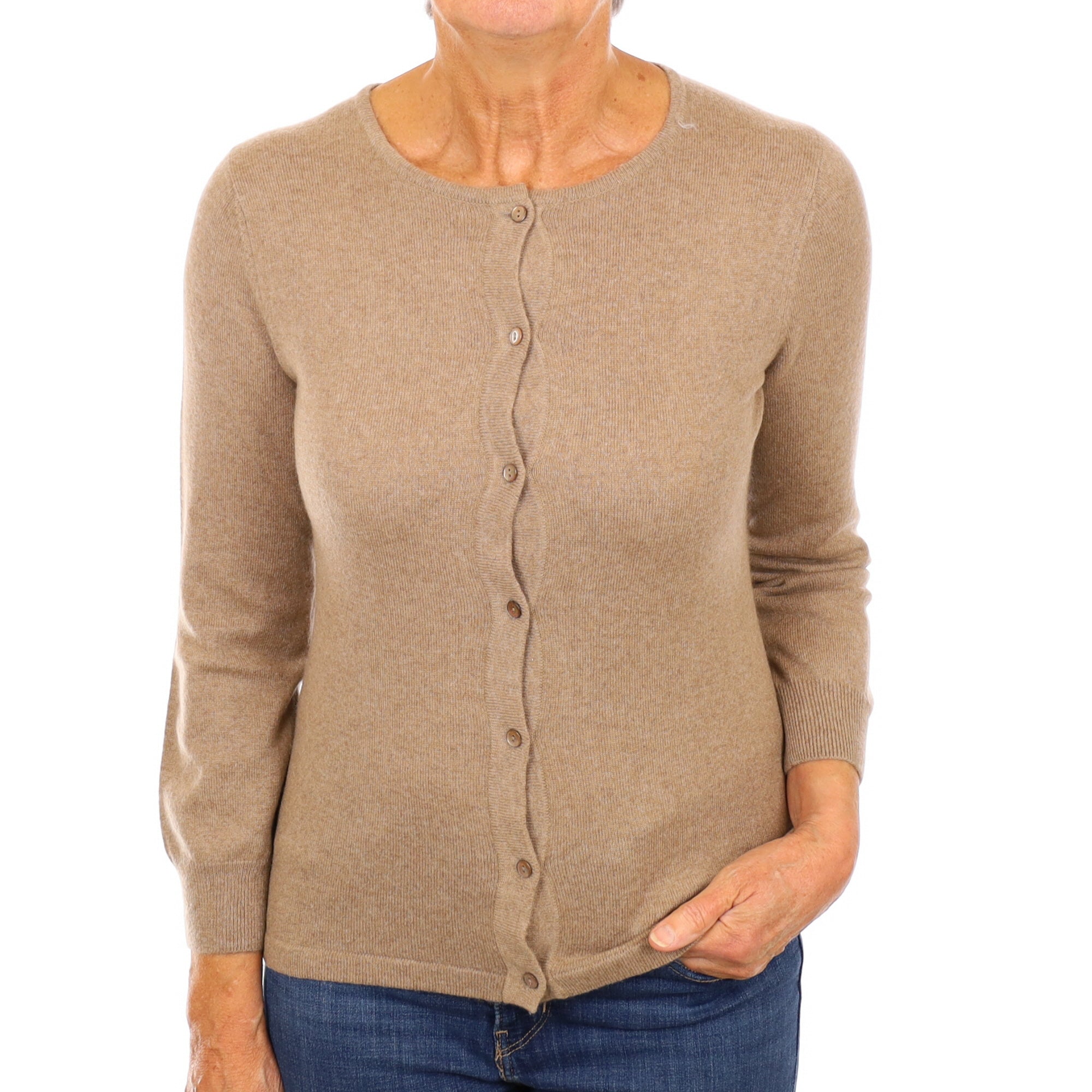 Taupe Brown Cashmere Crew Neck Cardigan Medium