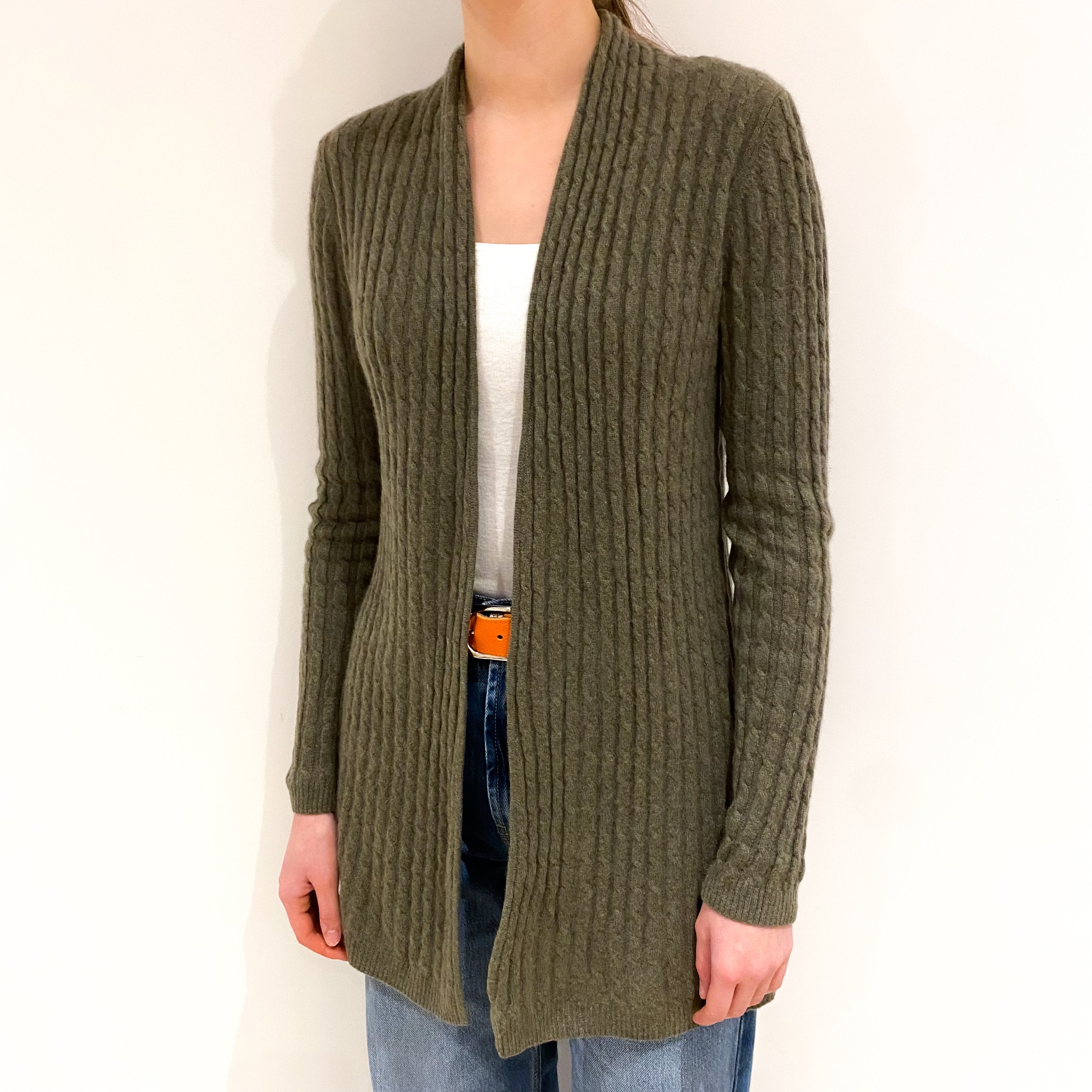 Olive Green Long Cashmere Cardigan Extra Small