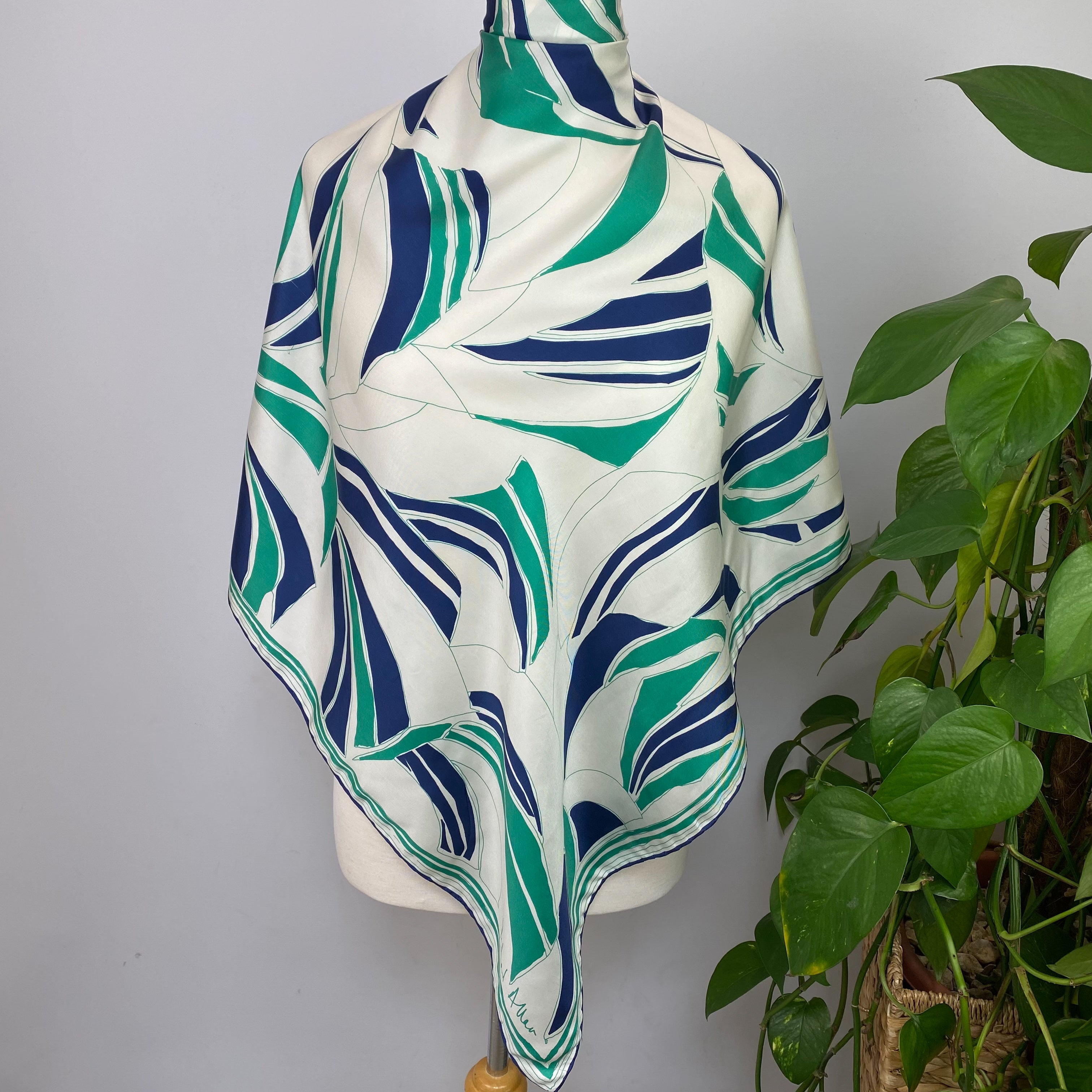 1970s Richard Allan Blue and Green Vintage Silk Scarf