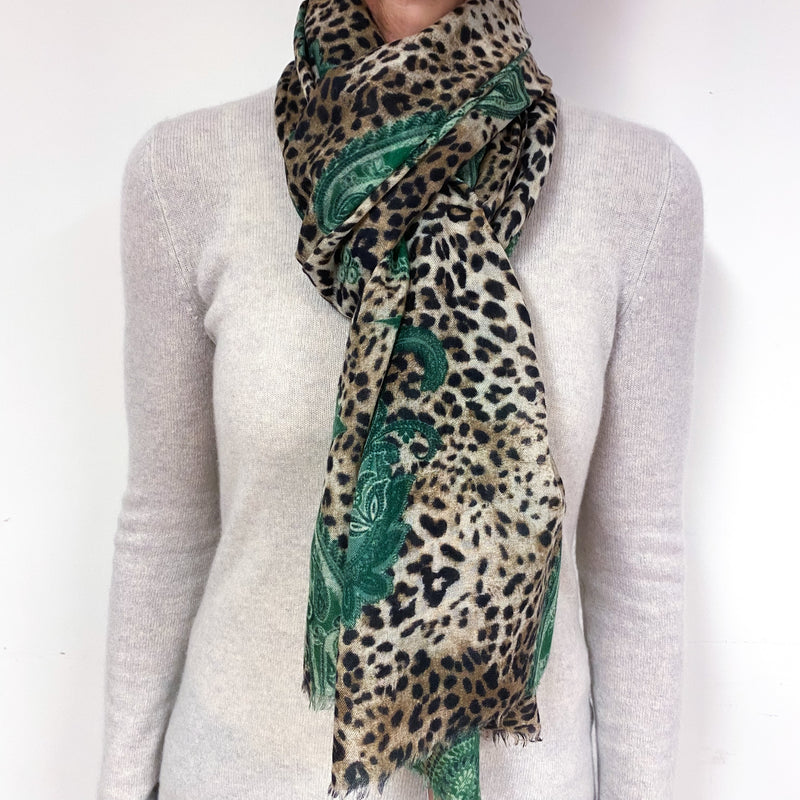 Animal Print and Green Paisley Cashmere Woven Fine Knit Wrap