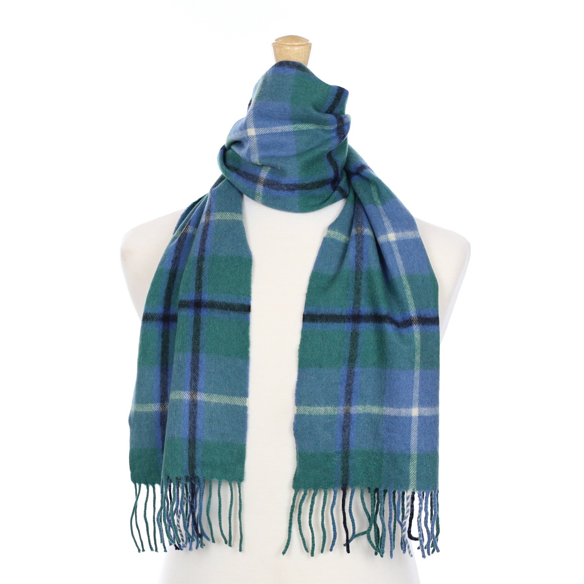 Sea Green and Blue Checked Cashmere Fringed Woven Scarf