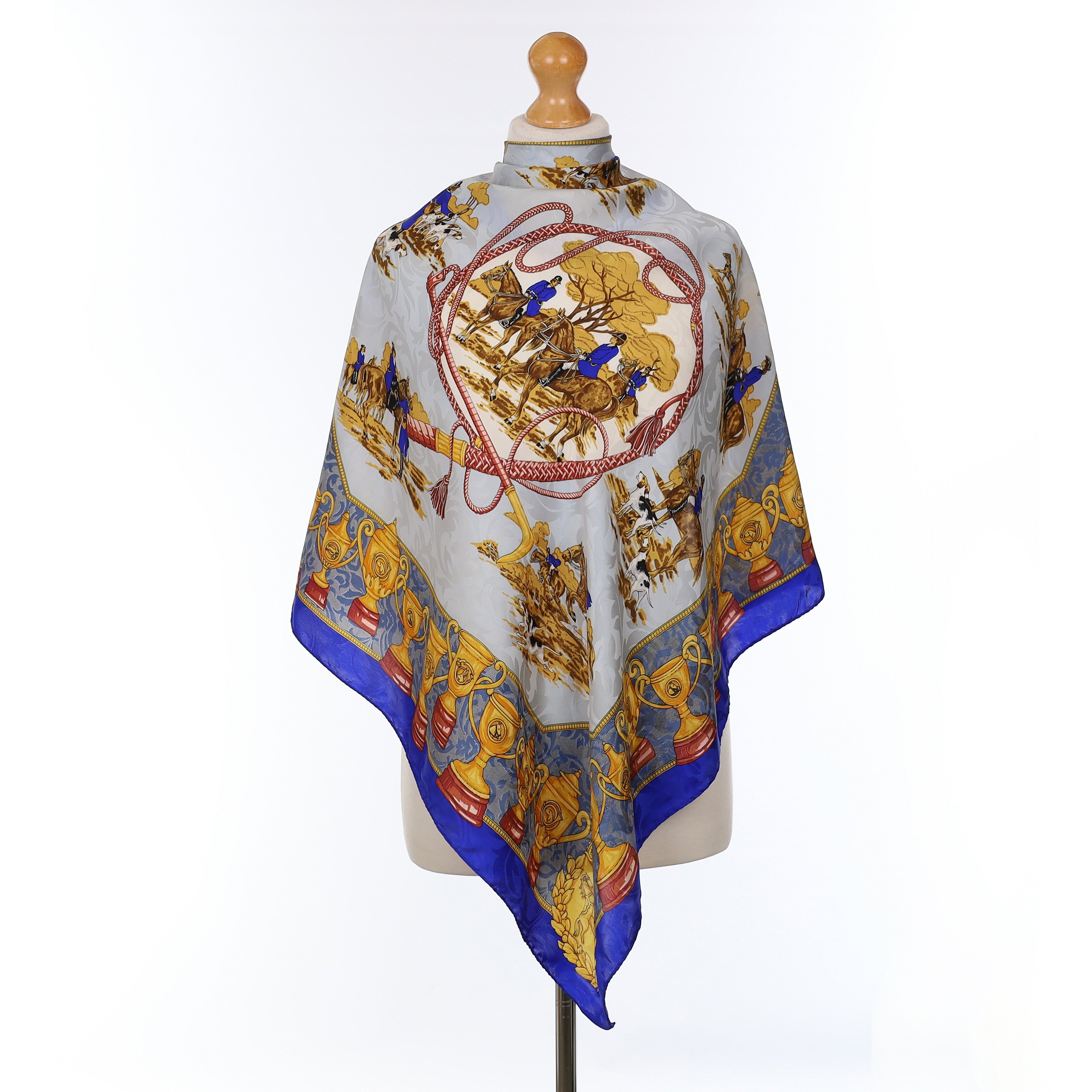 1980’s Gold And Blue Equestrian Style Vintage Silk Scarf