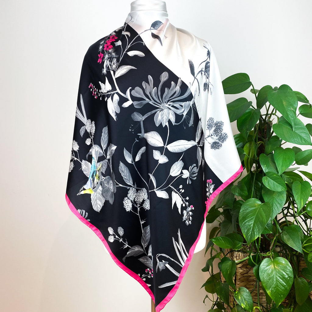 Joules Black and Grey Botanical Silk Scarf
