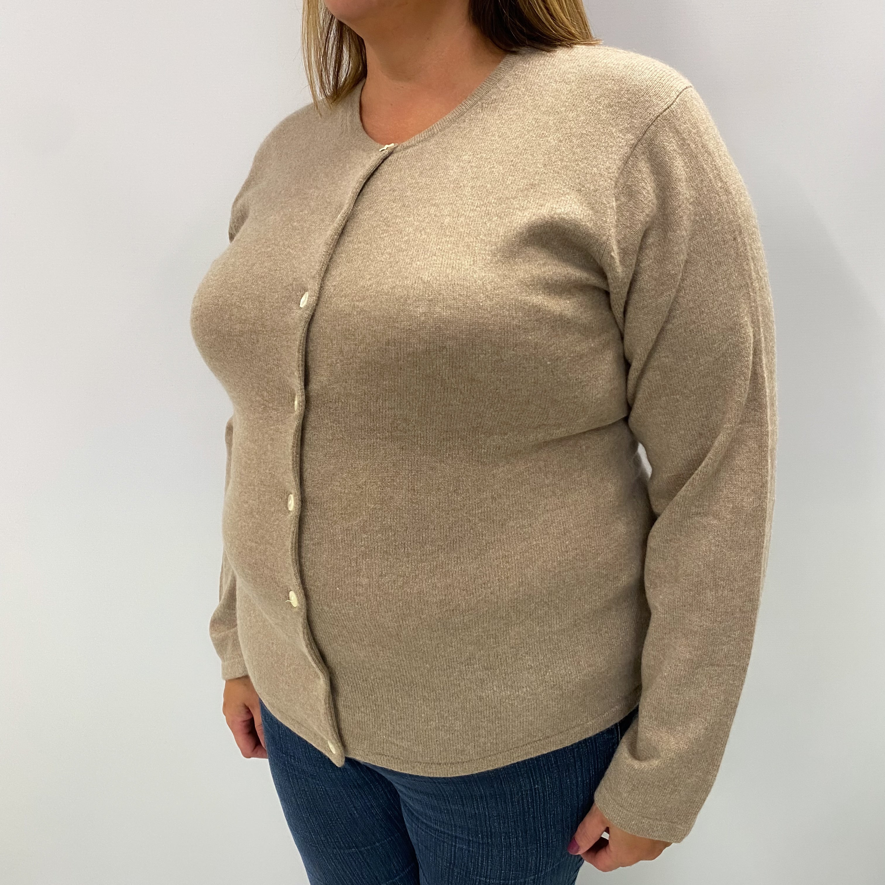 Fawn Beige Cashmere Crew Neck Cardigan Extra Large