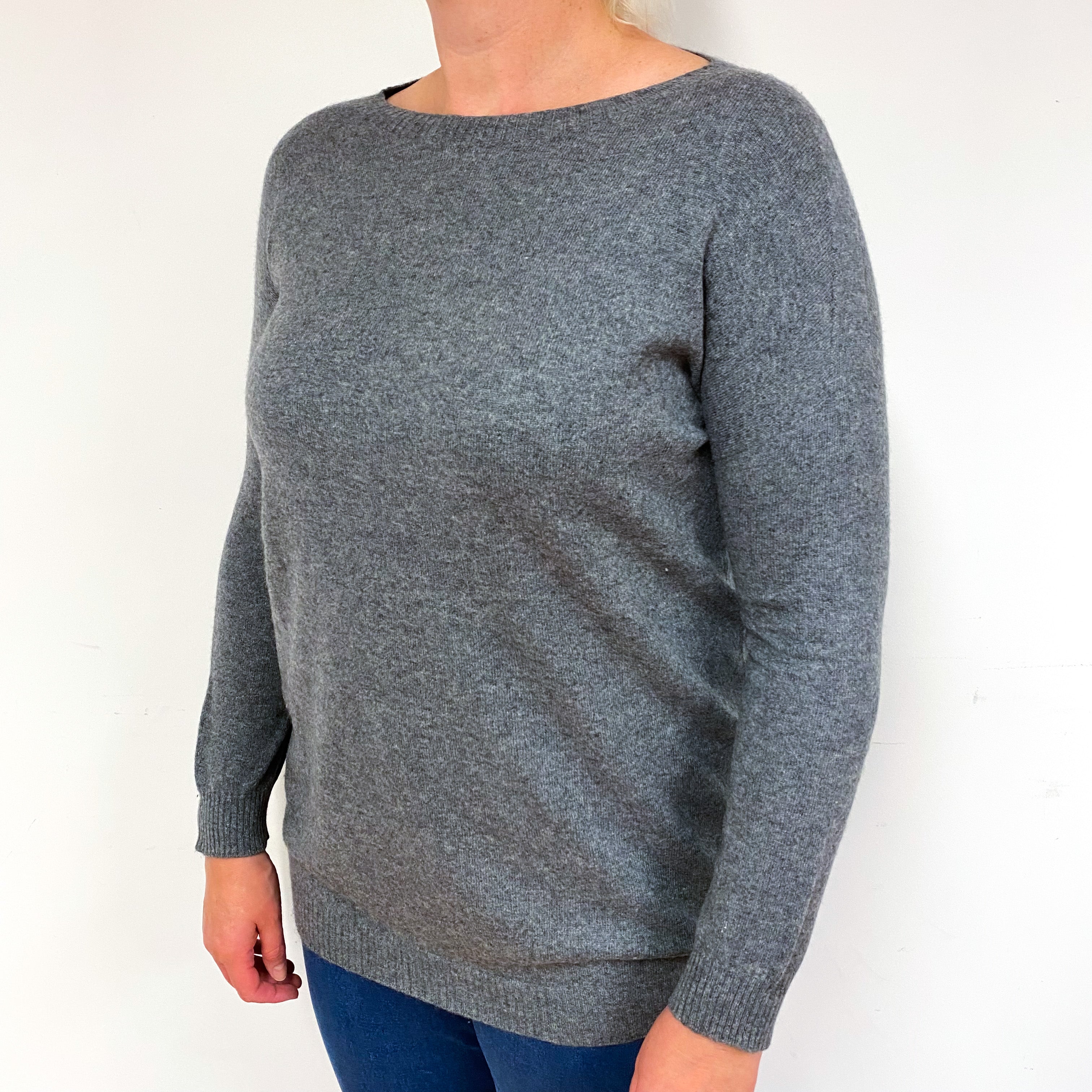 Steel Grey Cashmere Boat Neck Jumper Large