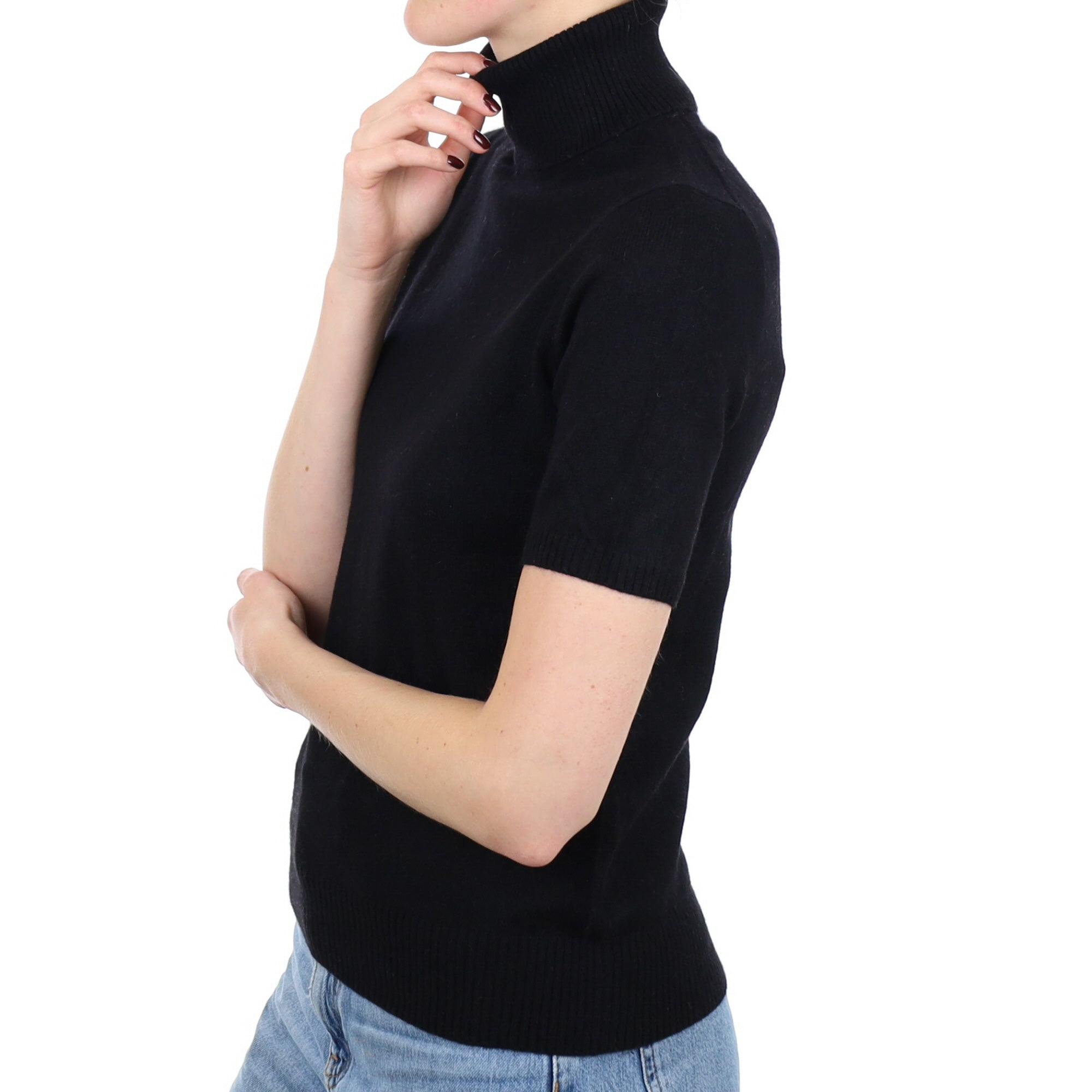 Black Cashmere Short Sleeve Polo Neck Jumper Small