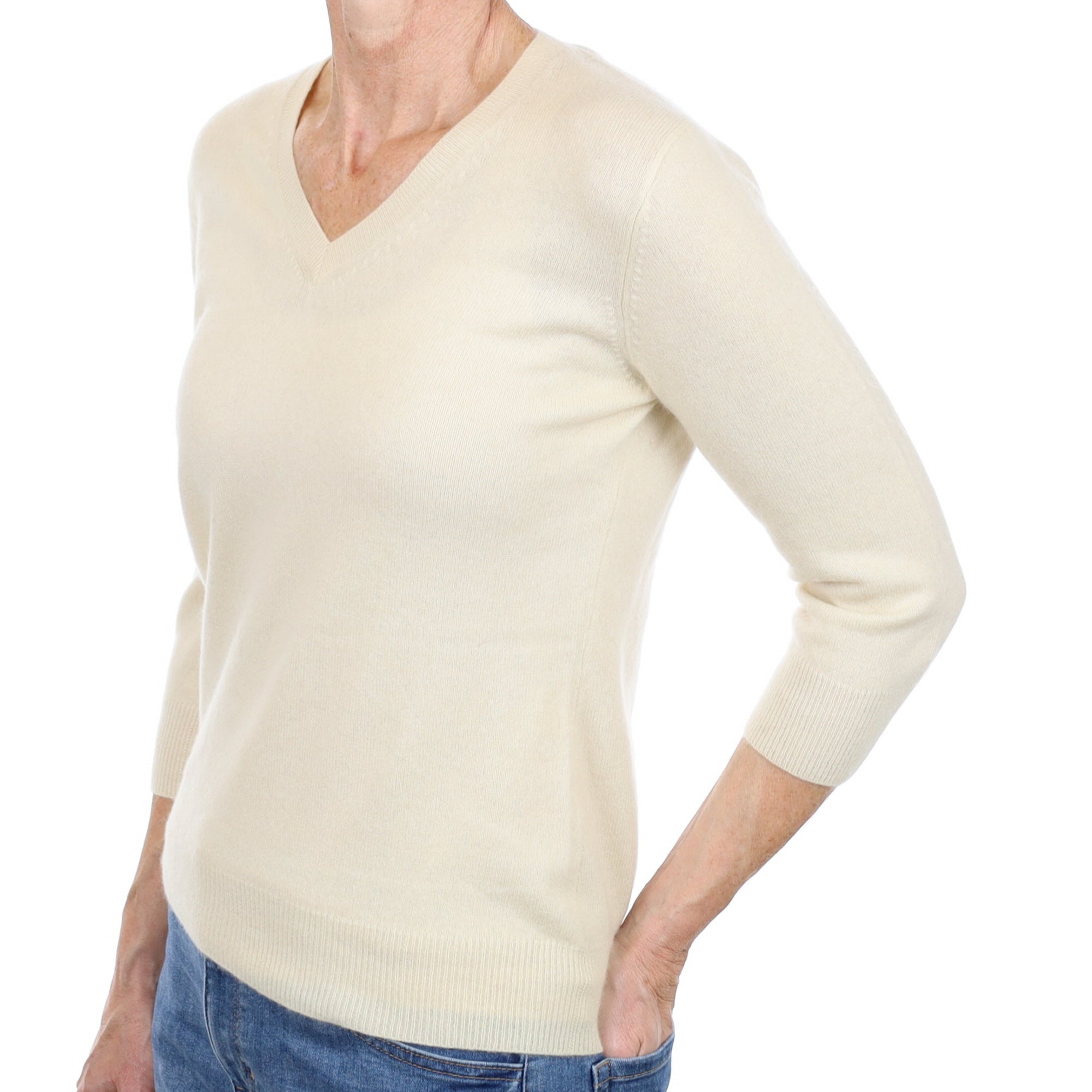 Vanilla Cream Cashmere V Neck Jumper Small