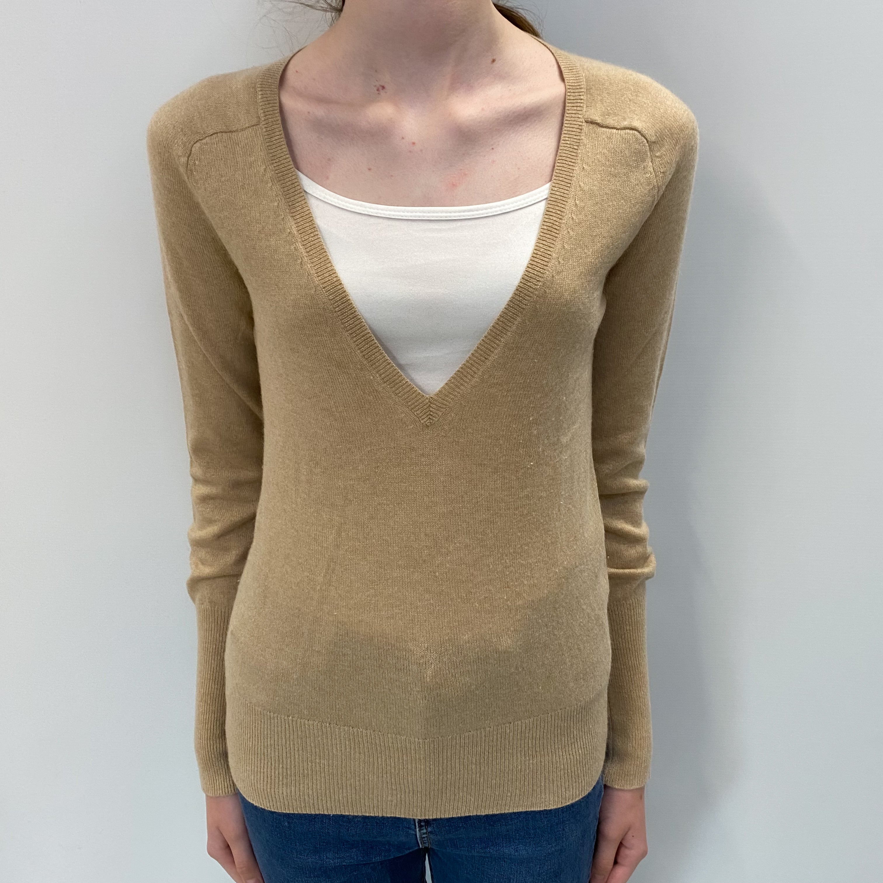 Soft Caramel Cashmere Low V Neck Jumper Extra Small