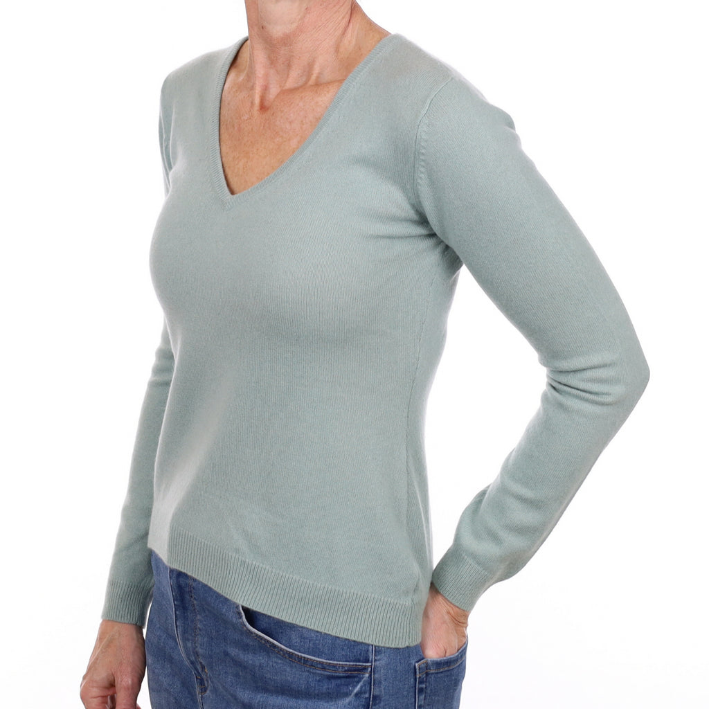 Duck Egg Green Cashmere V Neck Jumper Small