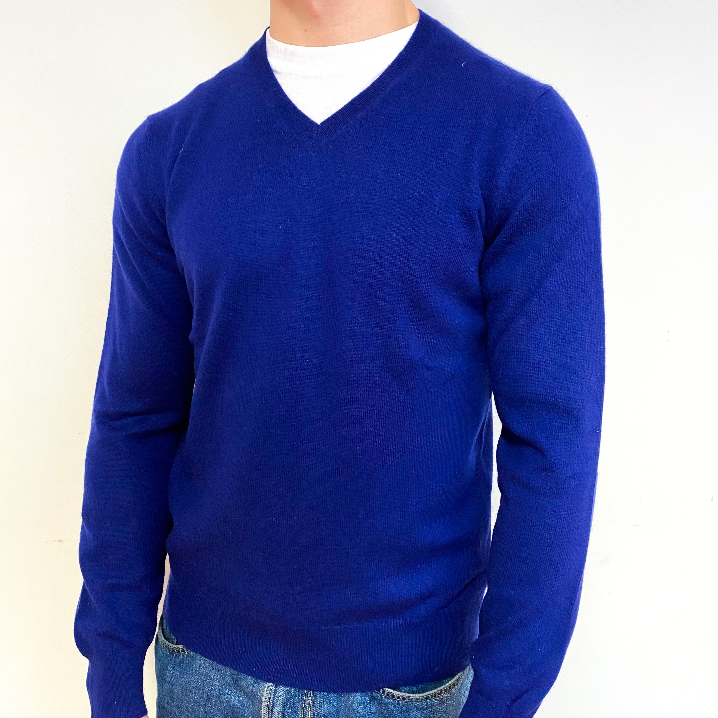 Men's Navy Blue Cashmere V-Neck Jumper Small