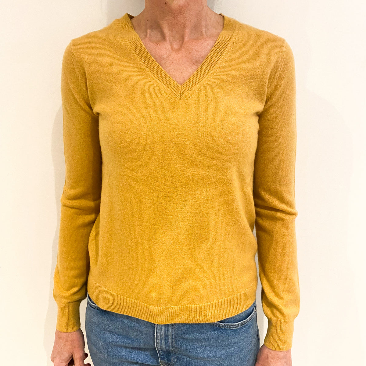 Mustard Yellow Cashmere V Neck Jumper Small