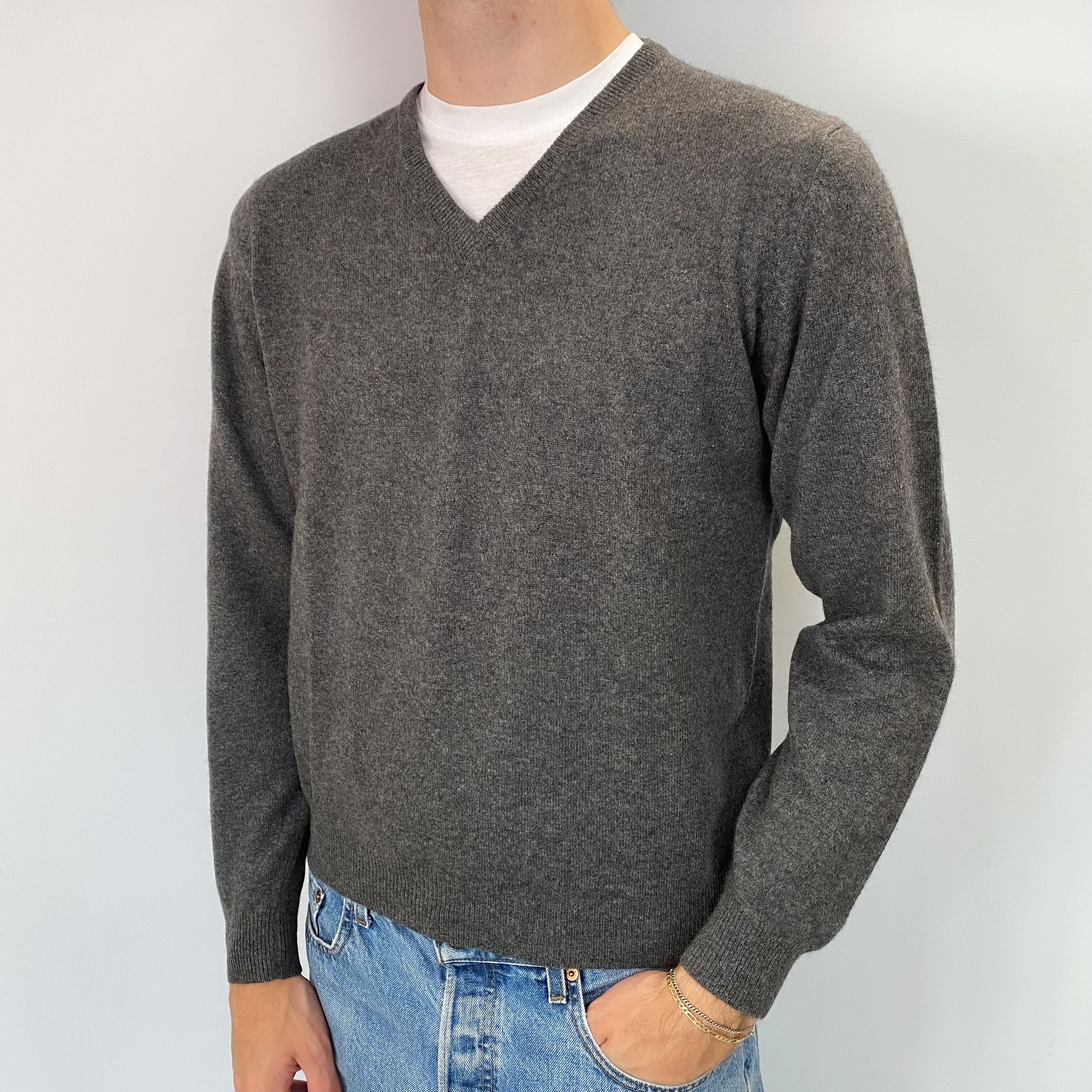 Men's Slate Grey Cashmere V Neck Jumper Large
