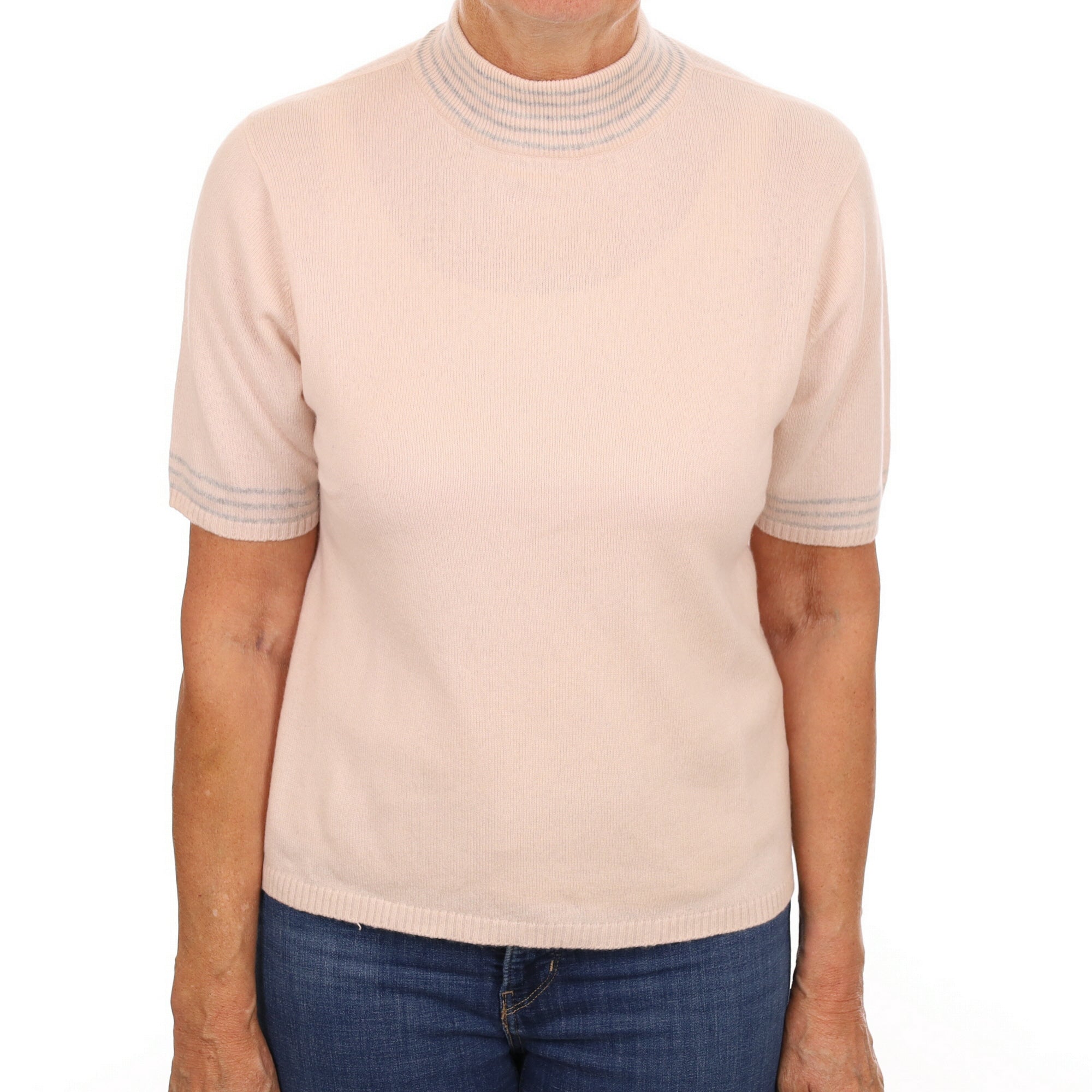 Ice Pink Striped Cashmere Turtle Neck Short Sleeved Jumper Medium