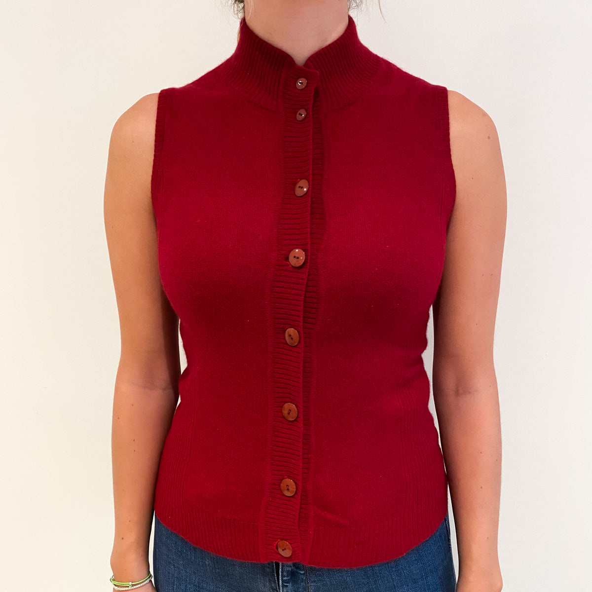 Crimson Red Cashmere Turtle Neck Sleeveless Gilet Small