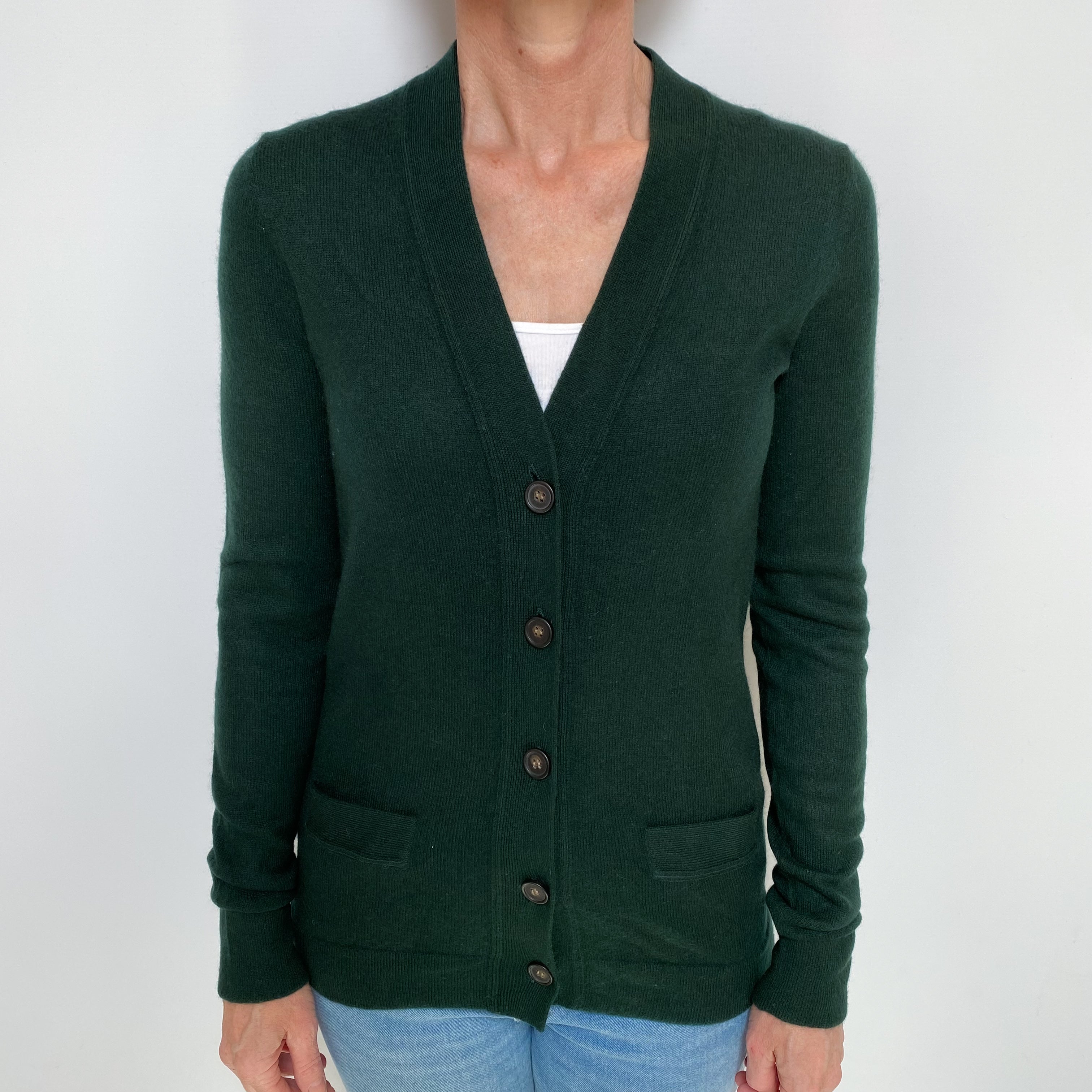 Bottle Green Cashmere V Neck Cardigan with Pockets Small