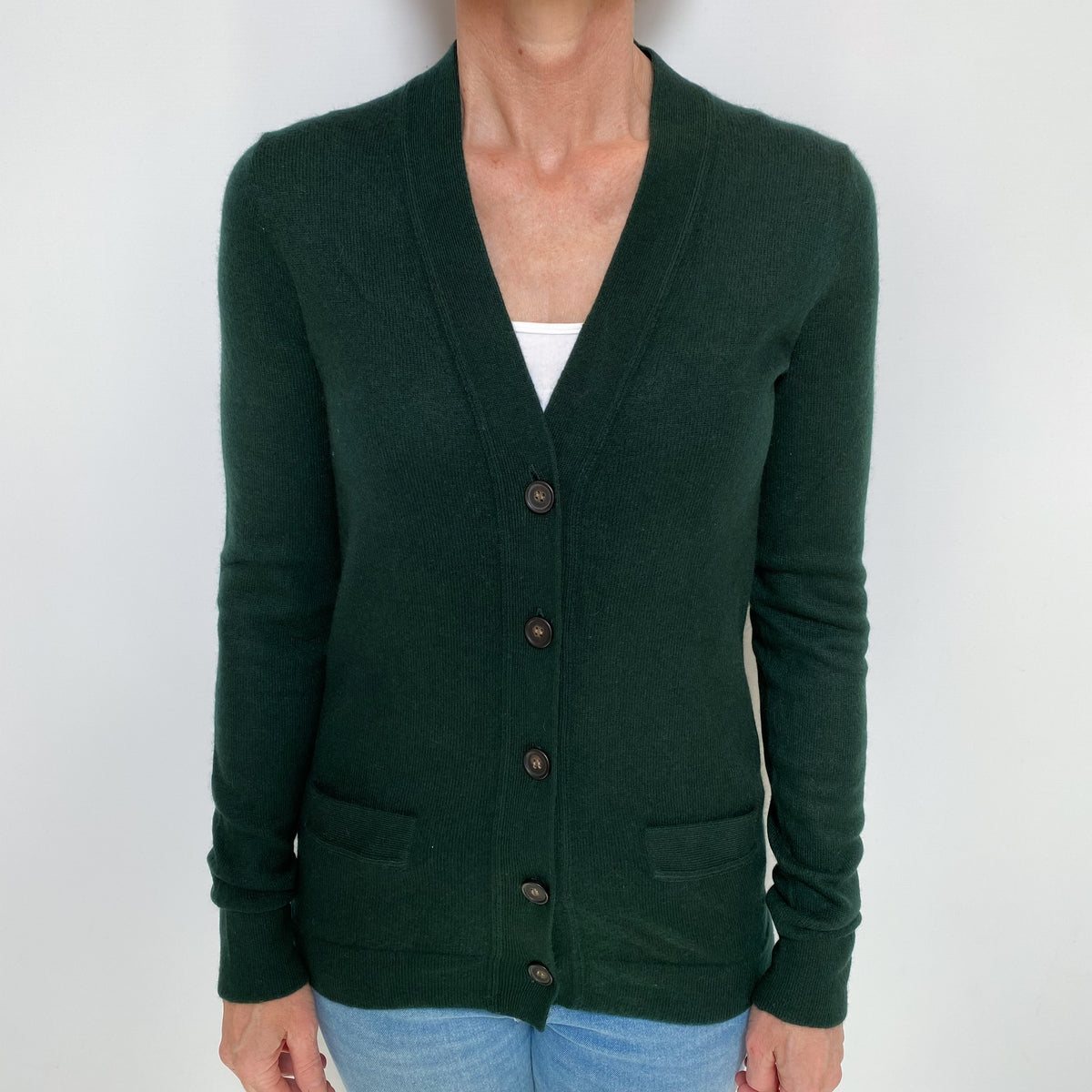 Bottle Green Cashmere V Neck Cardigan with Pockets Small
