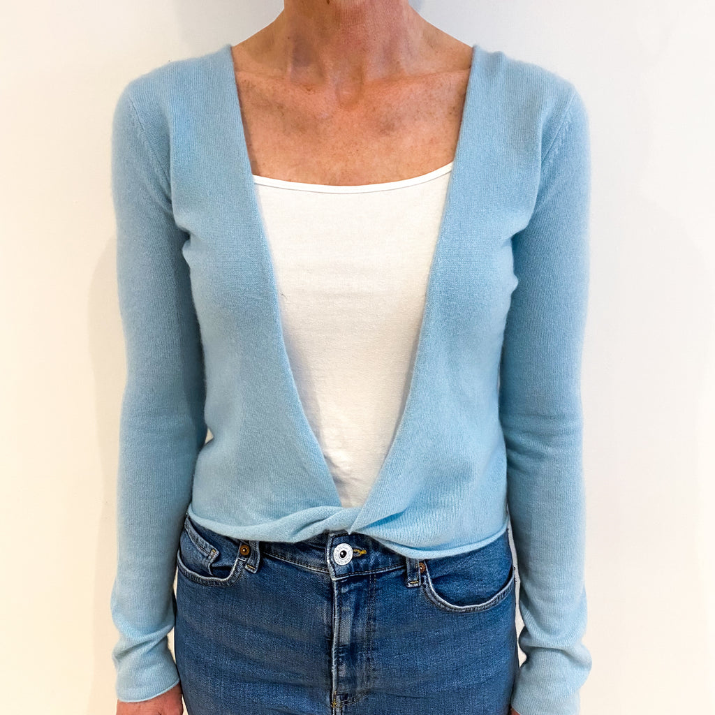 Pale Blue Aqua Cashmere Twist Front Cardigan Small