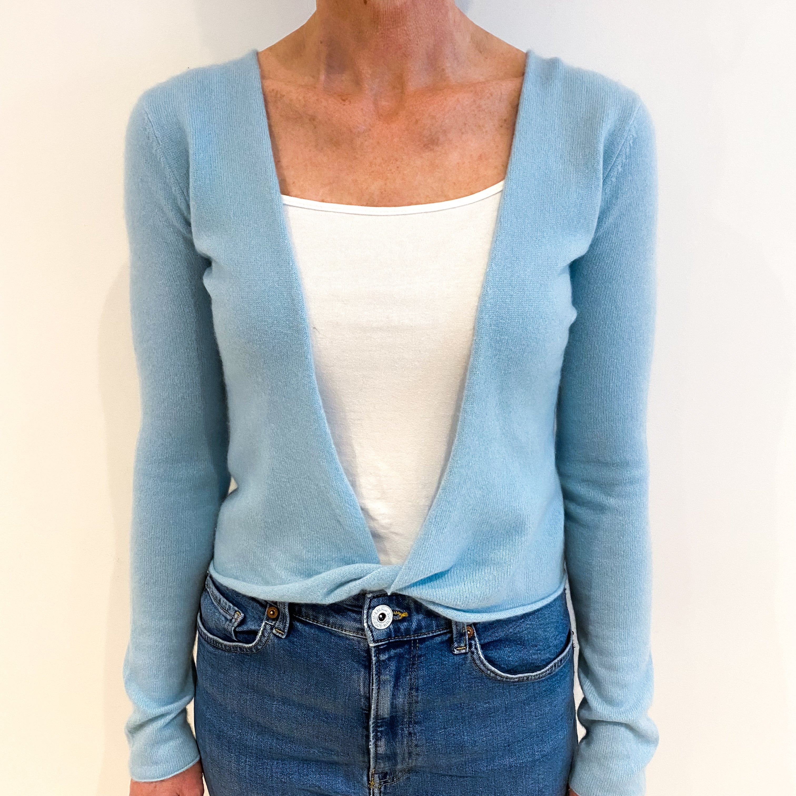 Pale Blue Aqua Cashmere Twist Front Cardigan Small