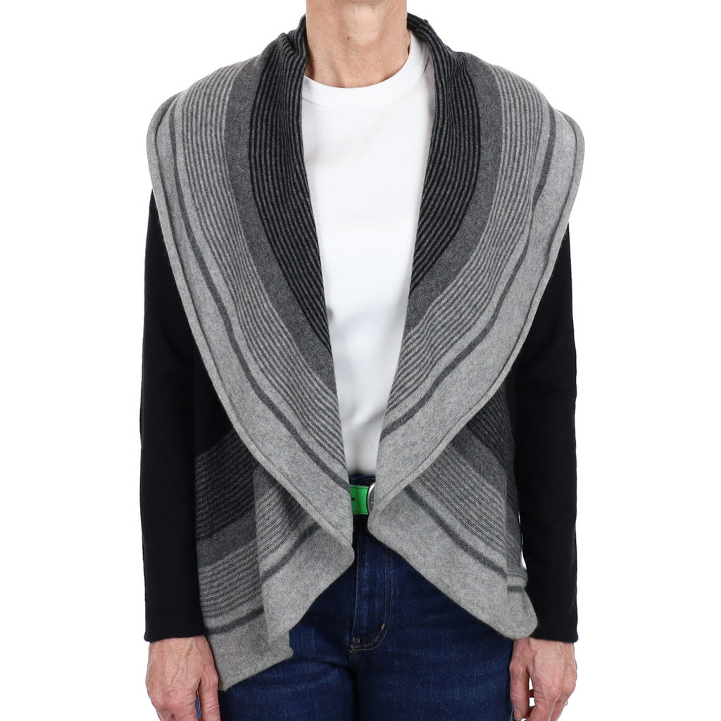 Black and Grey Striped Cashmere Waterfall Cardigan Small