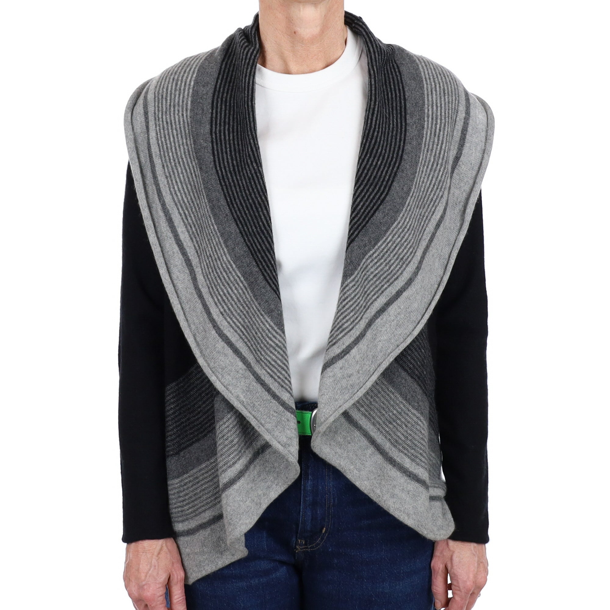 Black and Grey Striped Cashmere Waterfall Cardigan Small