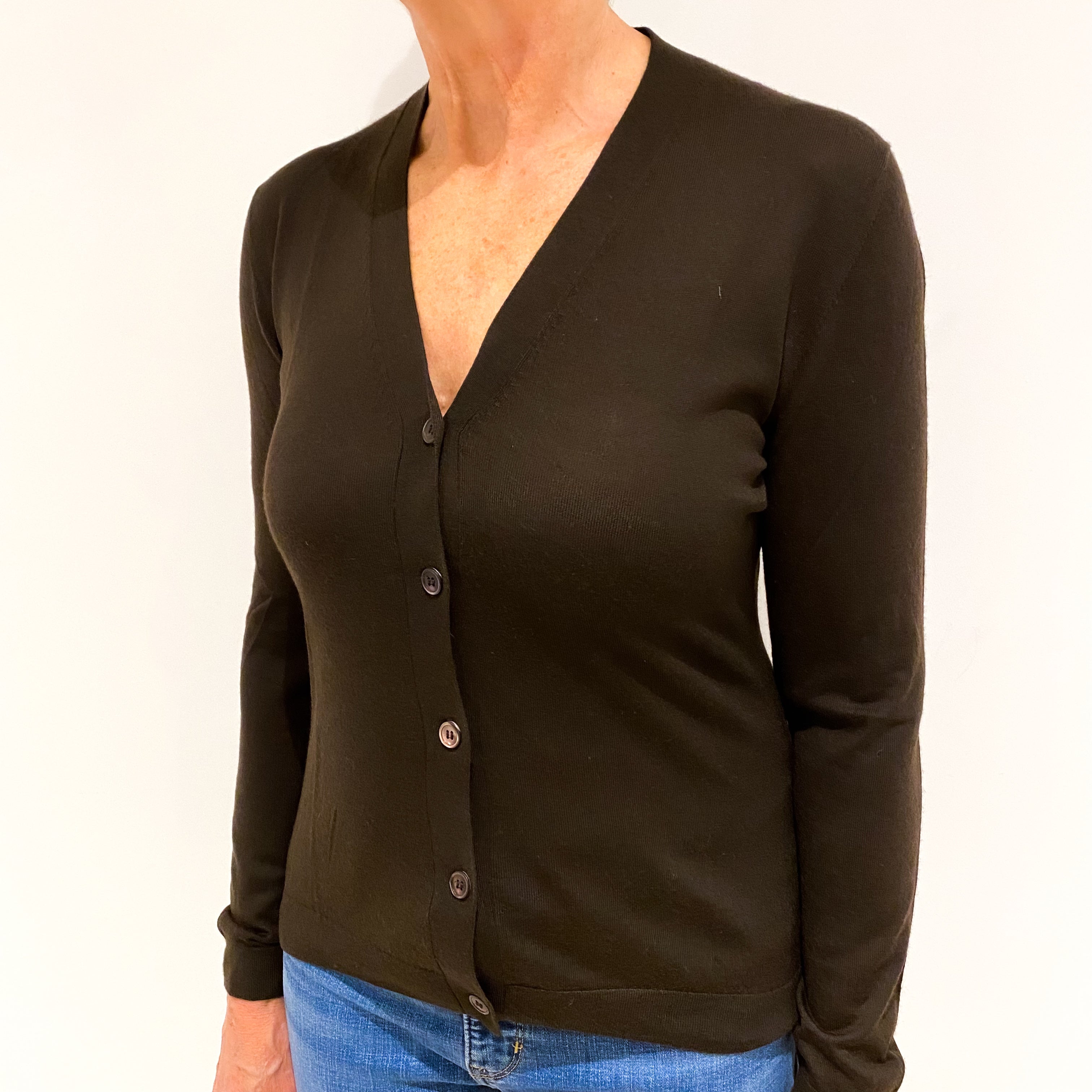 Chocolate Brown Fine Knit Cashmere V Neck Cardigan Medium