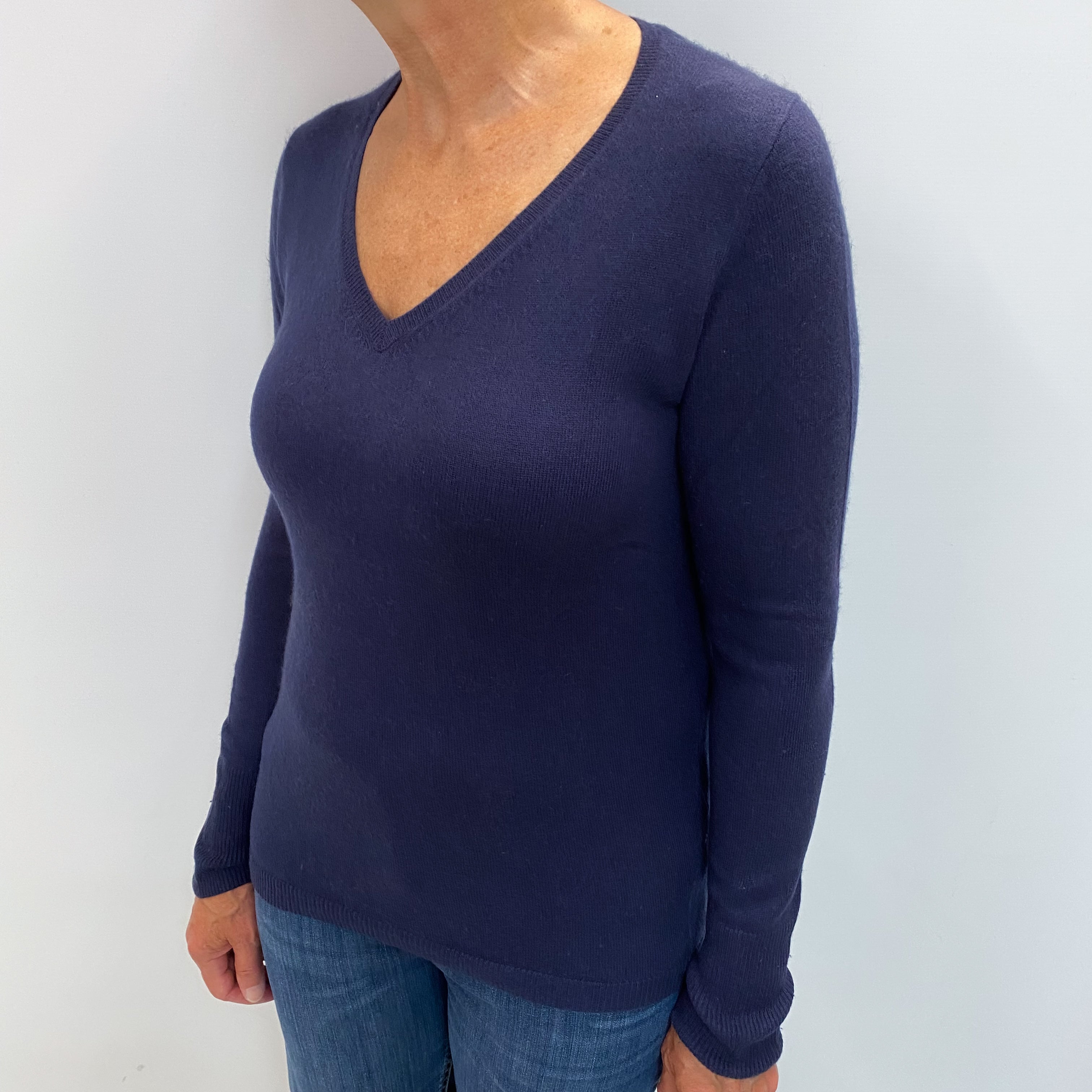 Midnight Navy Cashmere V Neck Jumper Medium