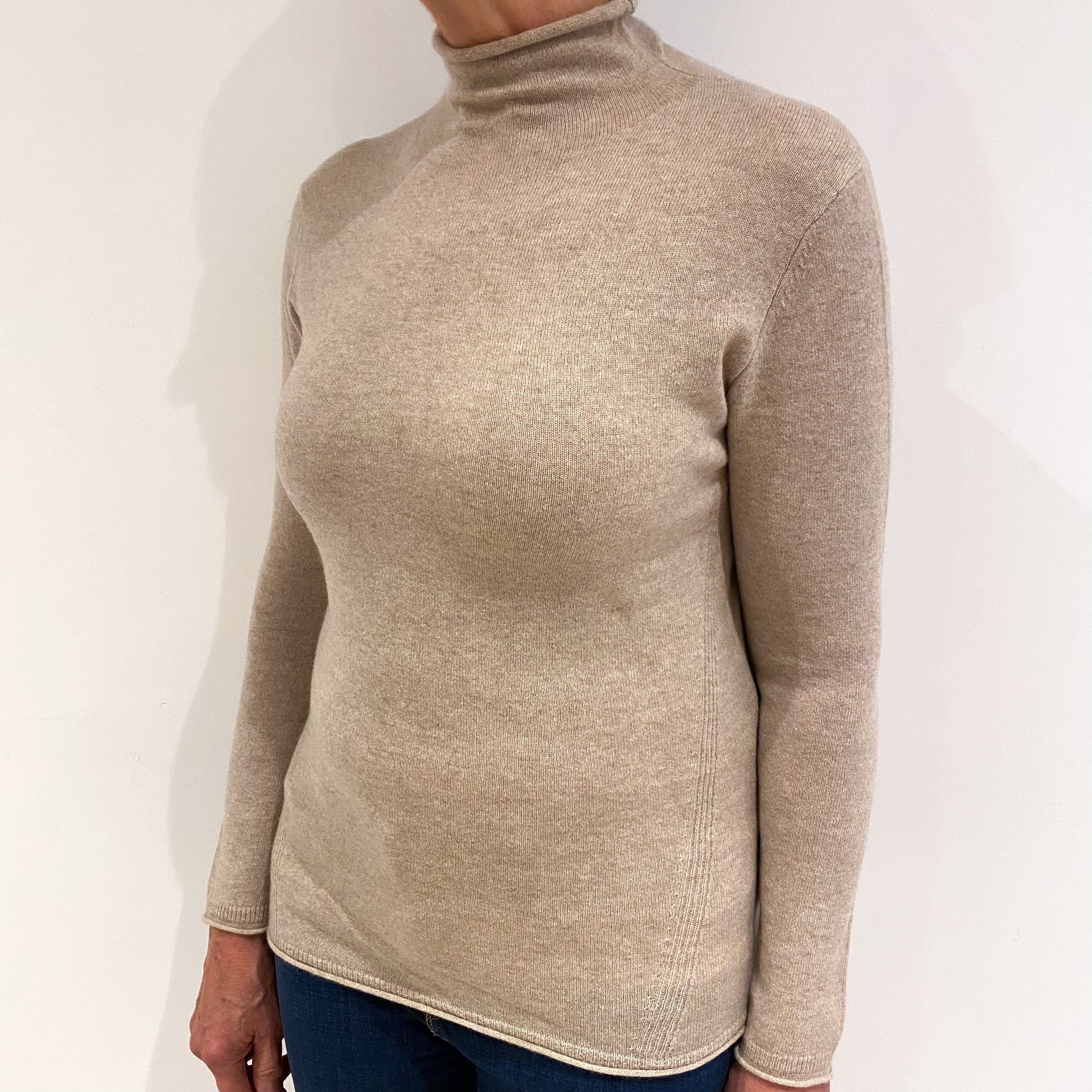 Oatmeal Beige Cashmere Funnel Neck Jumper Medium