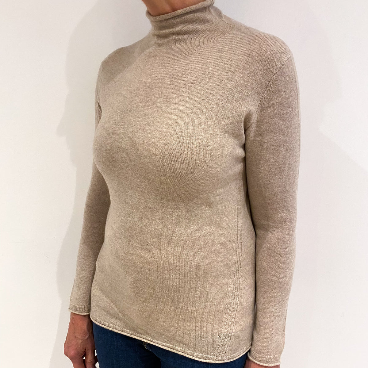 Oatmeal Beige Cashmere Funnel Neck Jumper Medium