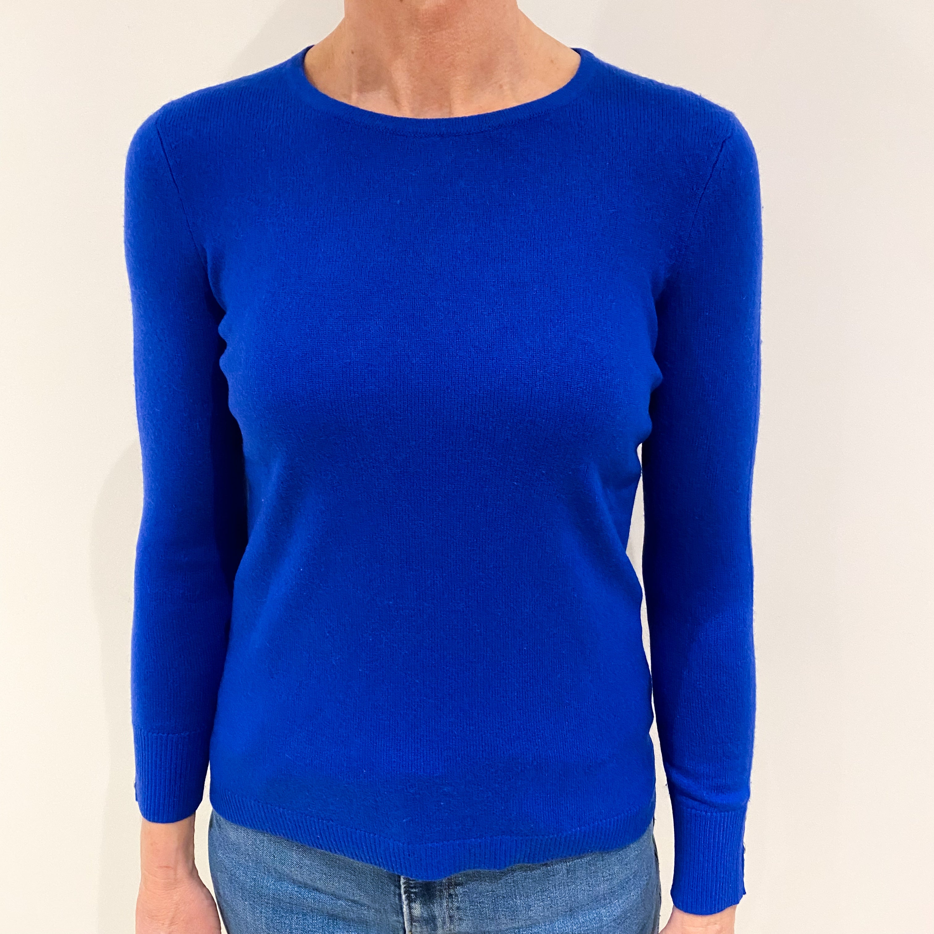 Cobalt Blue Button Cuff Cashmere Crew Neck Jumper Small Petite