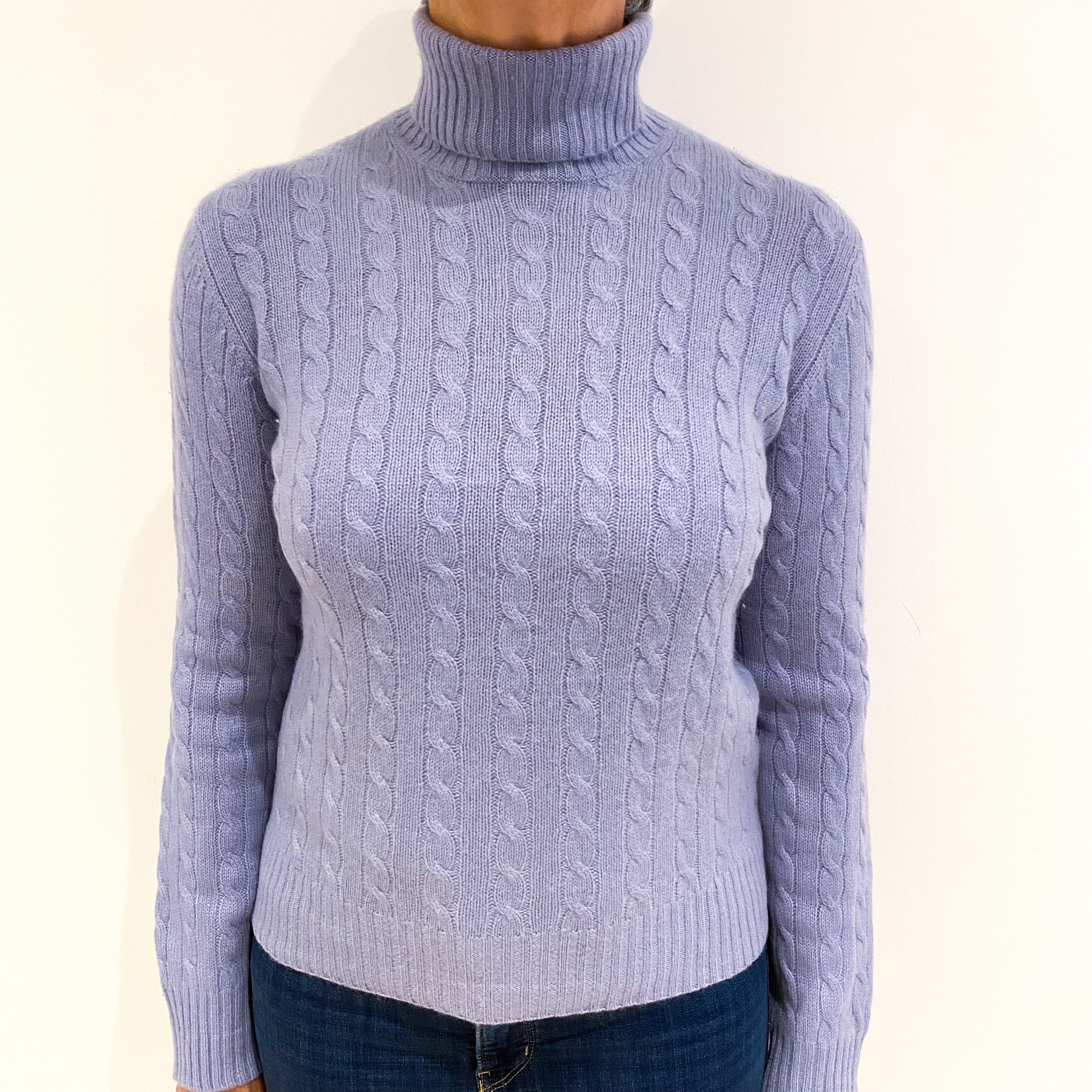 Palest Amethyst Purple Cable Cashmere Polo Neck Jumper Medium