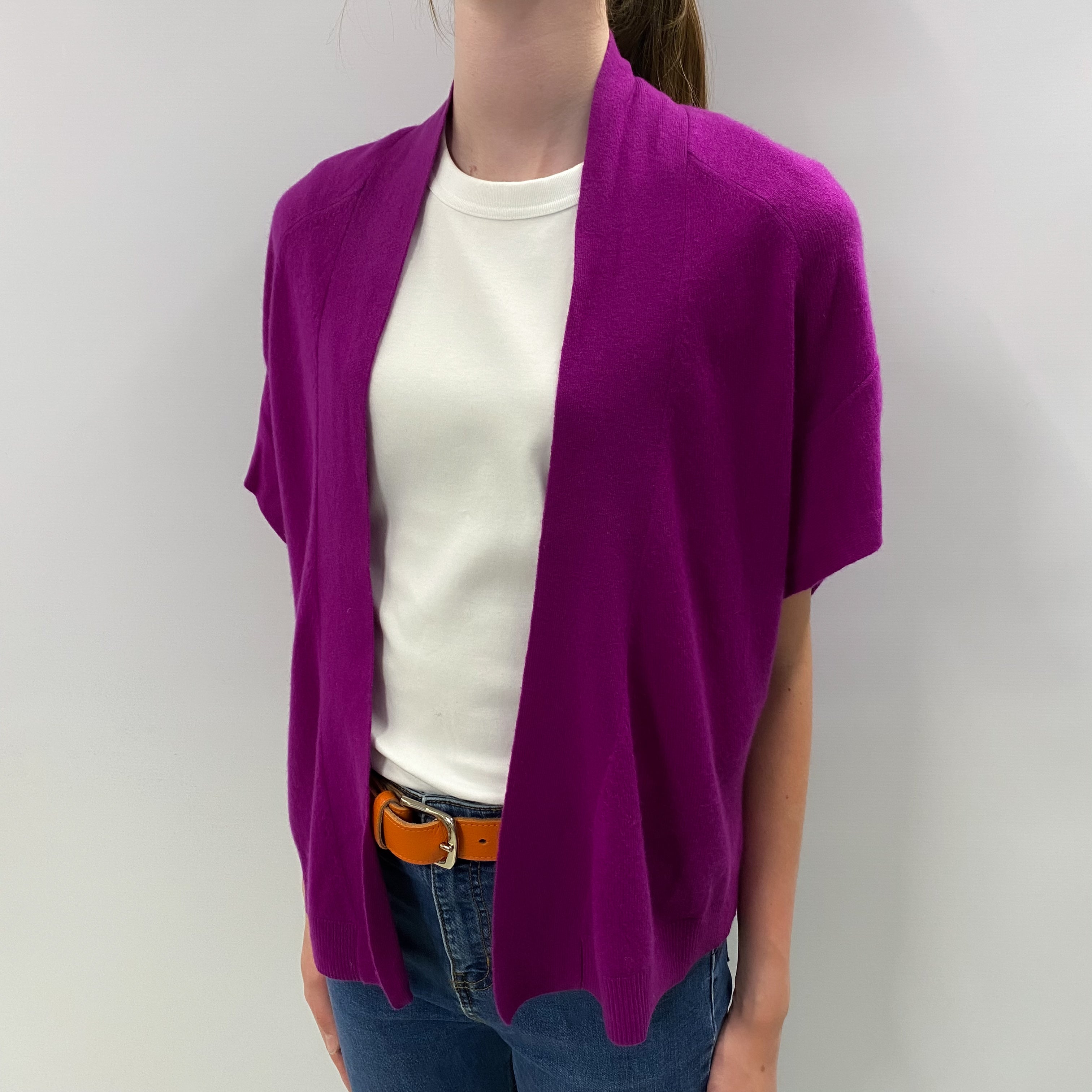 Magenta Purple Cashmere Edge to Edge Short Sleeved Cardigan Jumper Extra Small