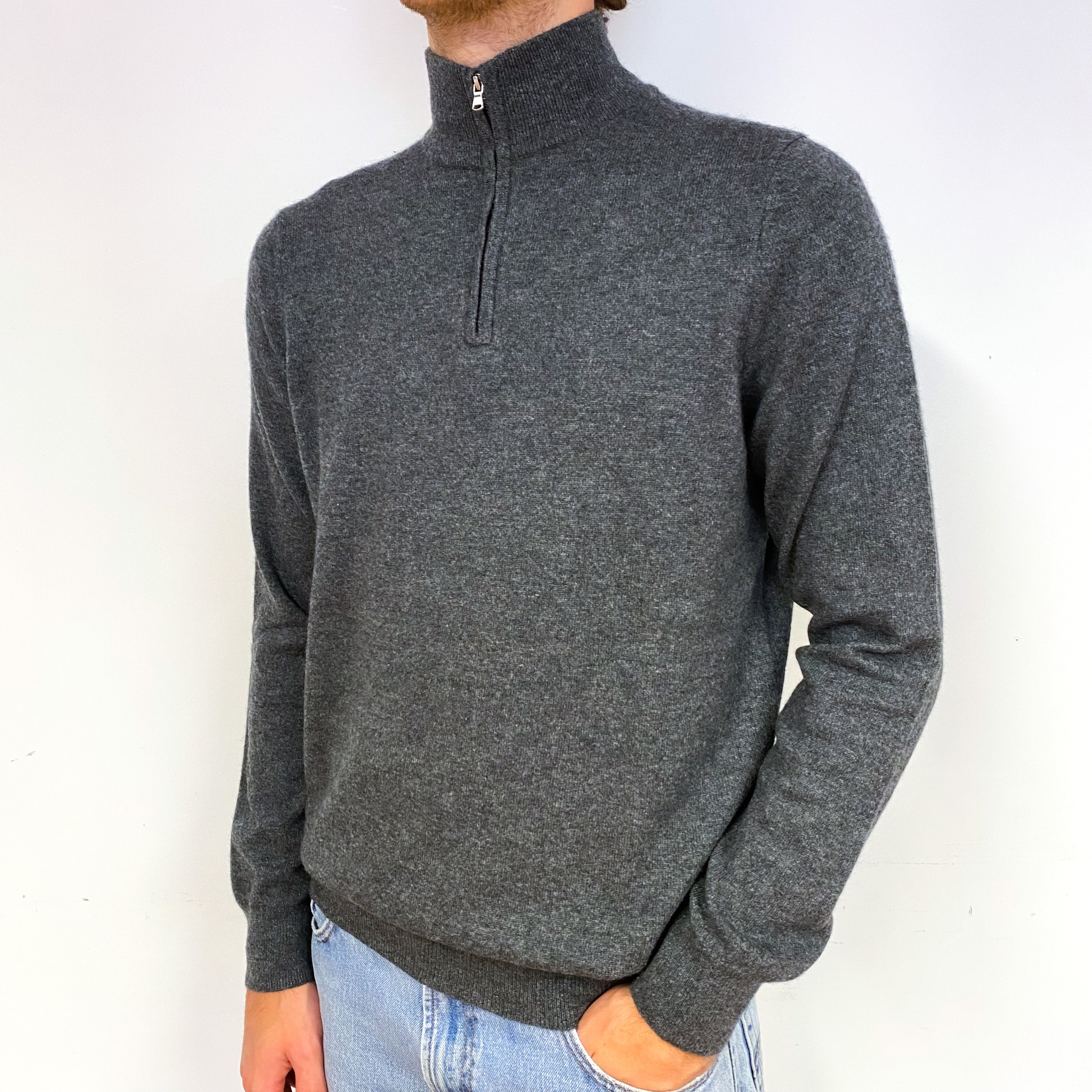 Men's Slate Grey Cashmere Quarter Zip Jumper Large