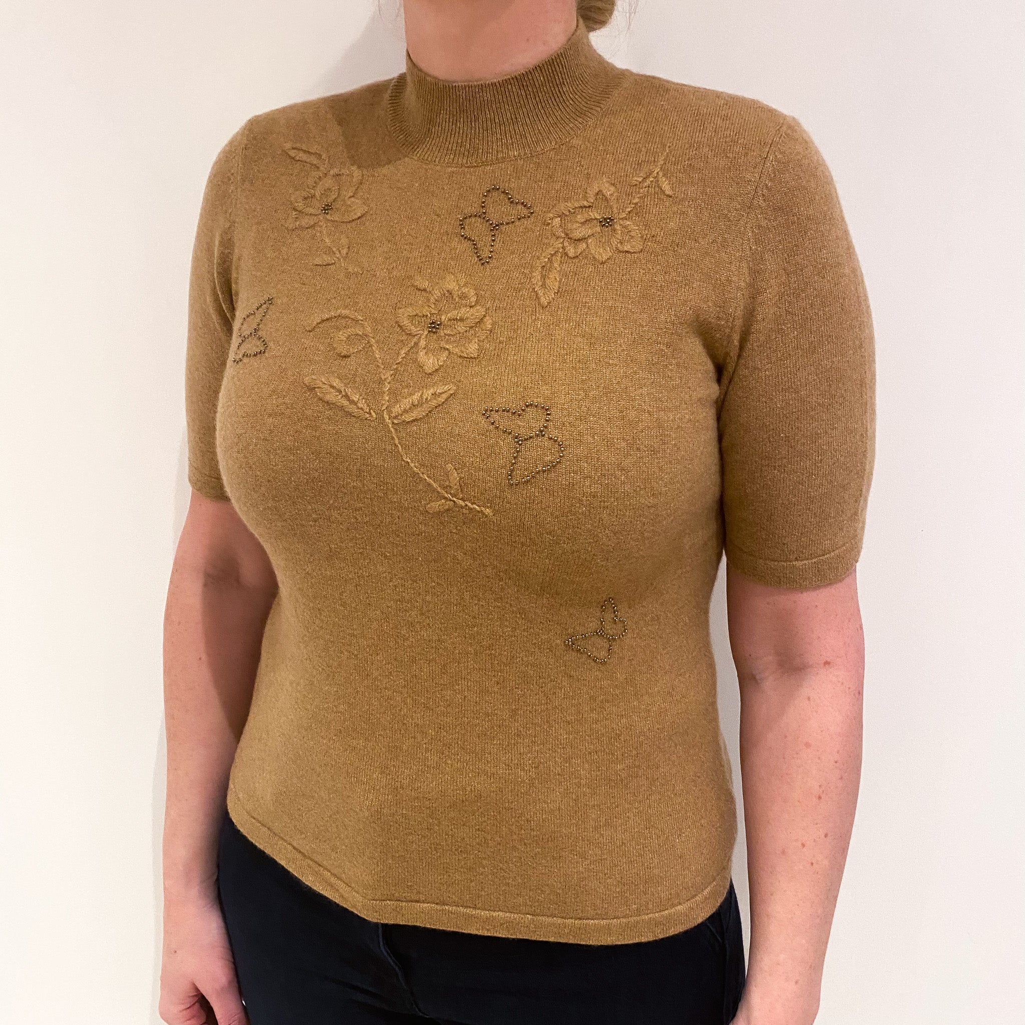 Butterscotch Brown Short Sleeve Cashmere Turtle Neck Jumper Large
