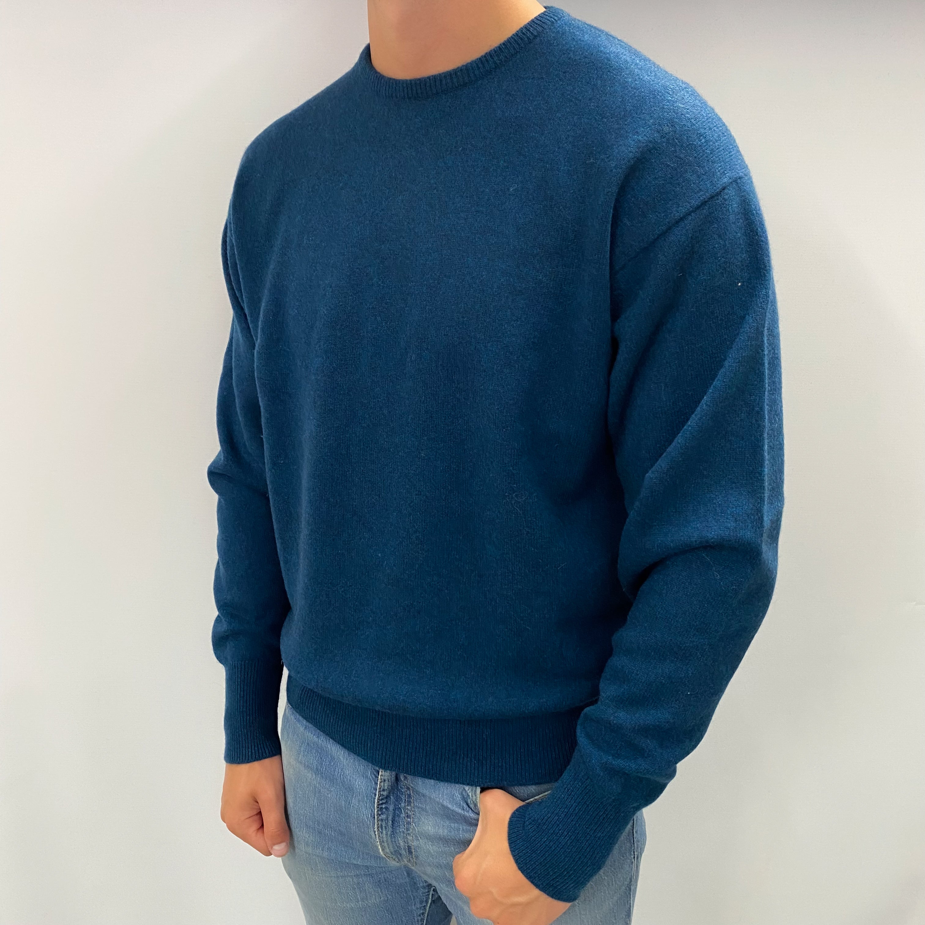 Men's Scottish Black Blue Marl Cashmere Crew Neck Jumper XL