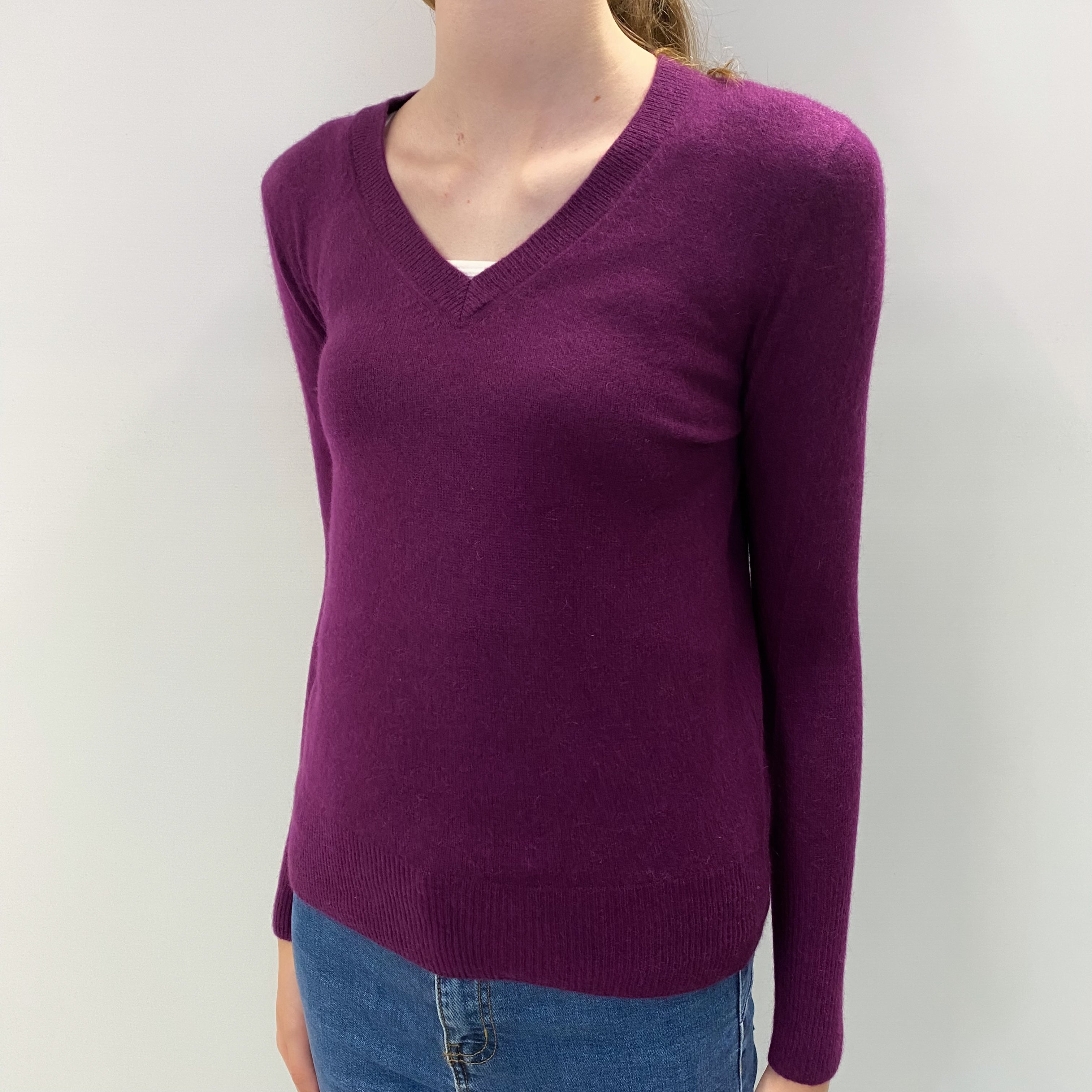 Plum Purple Cashmere V Neck Jumper 2XS