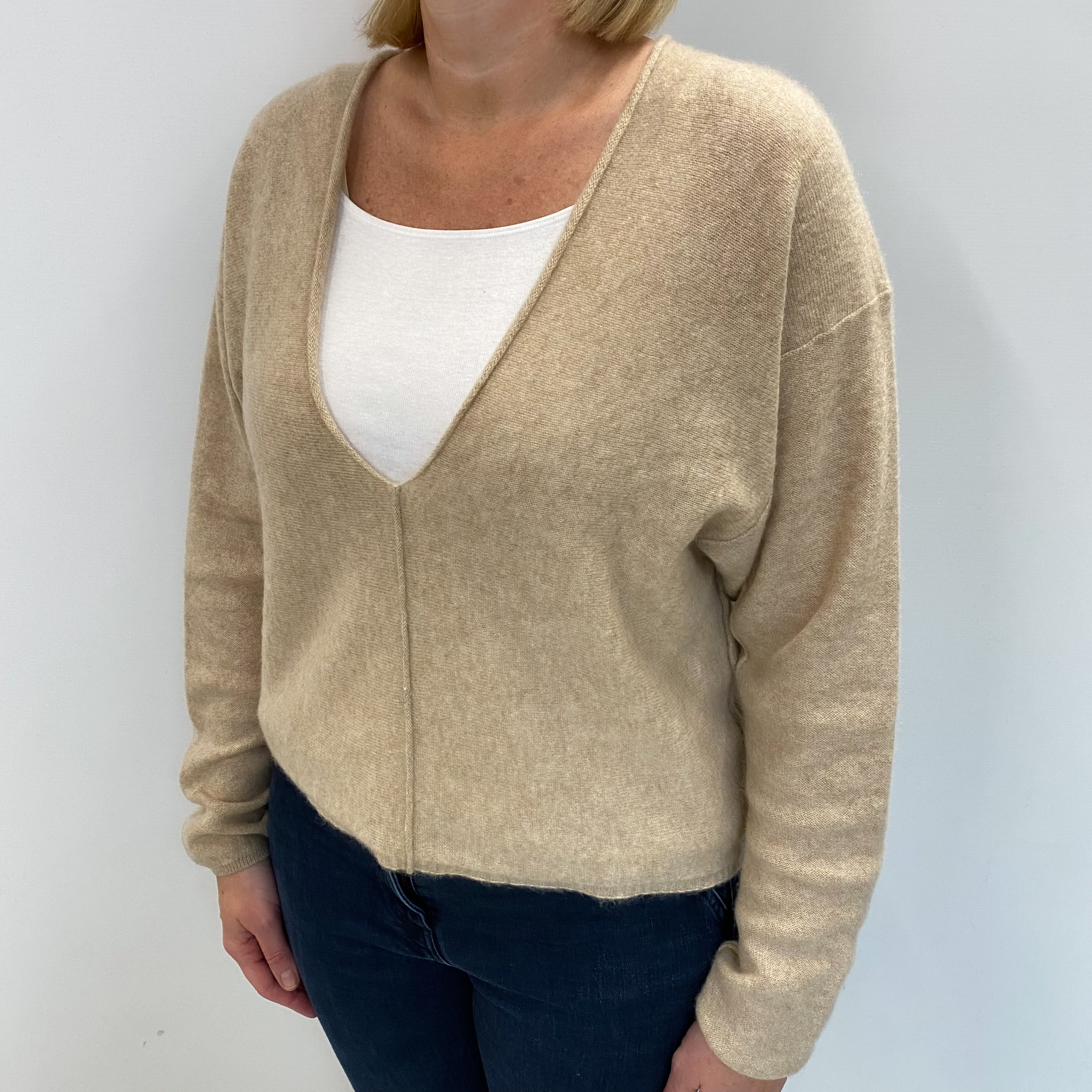 Free People Buff Beige Cashmere Deep V Neck Jumper Large