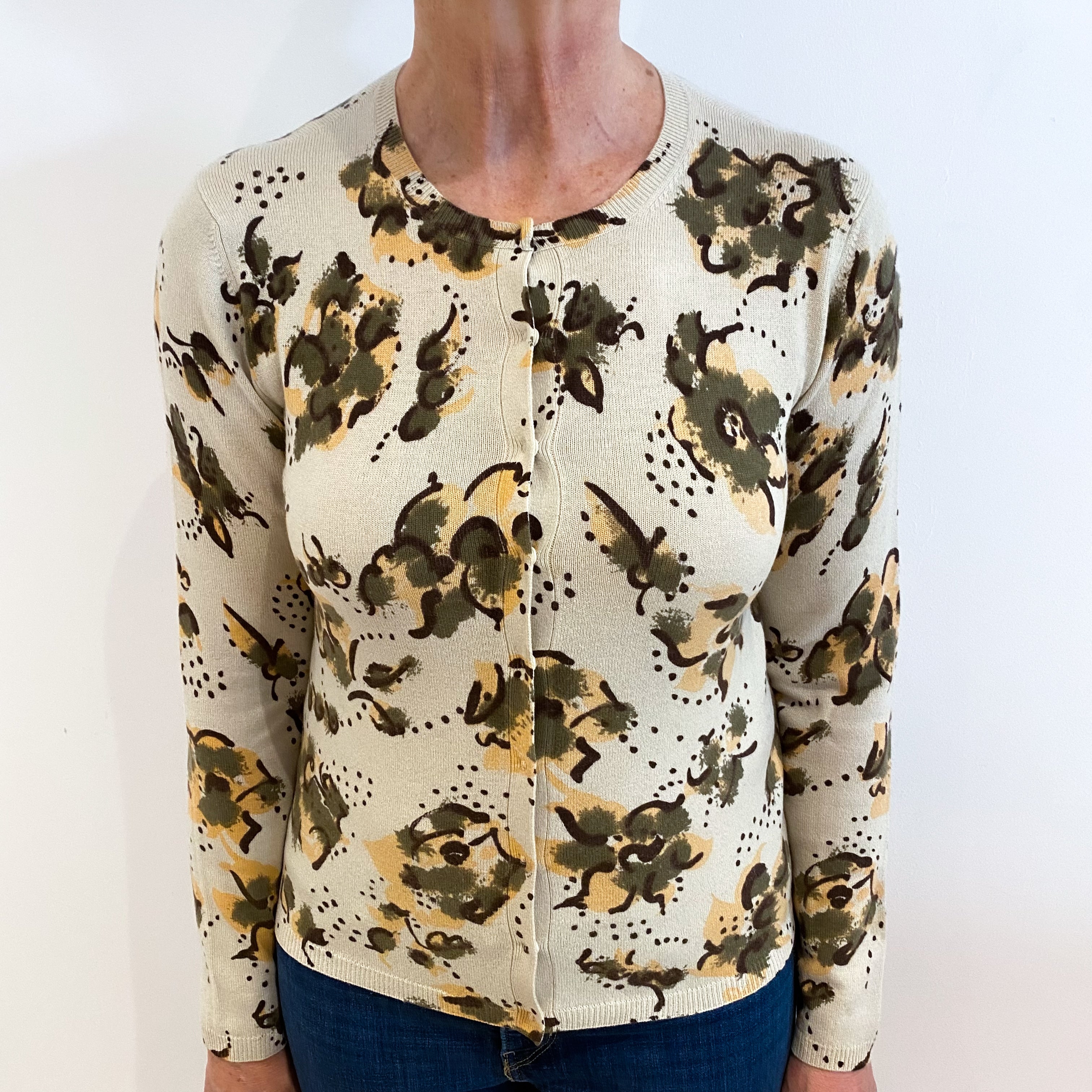 Oatmeal Beige Floral Print Cashmere Crew Neck Cardigan Medium
