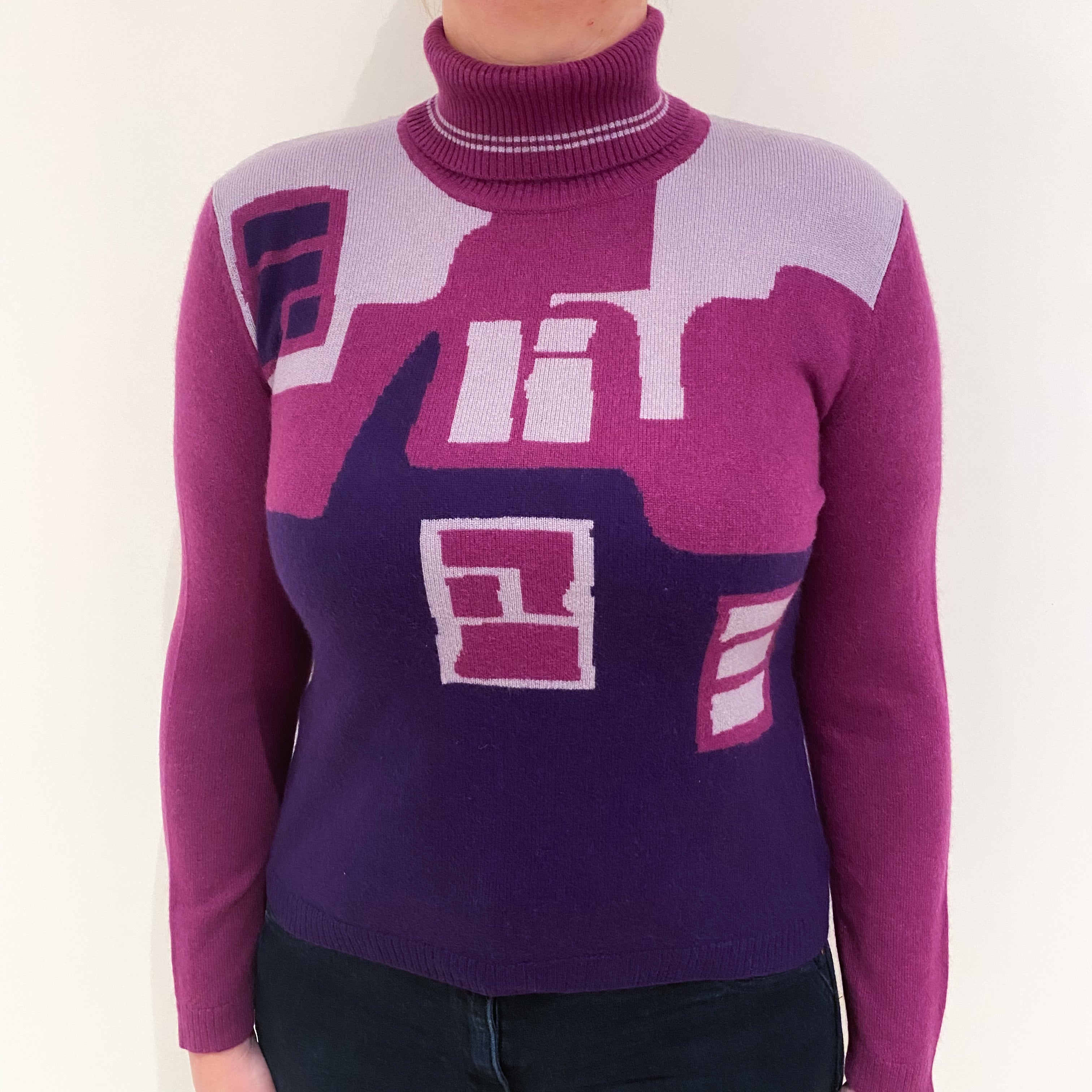 Plum Purple Abstract Cashmere Polo Neck Jumper Large