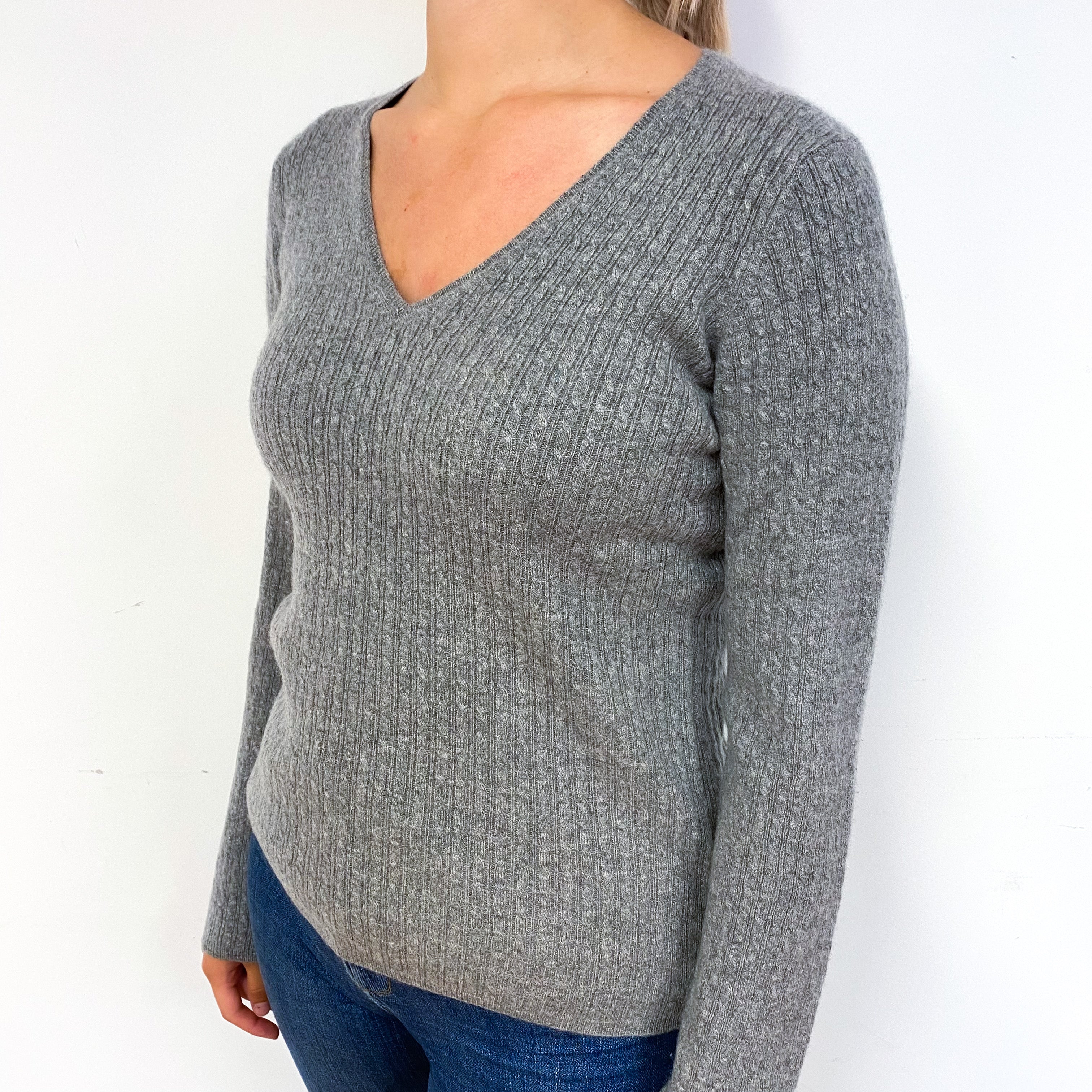 Ash Grey Cable Cashmere V-Neck Jumper Small