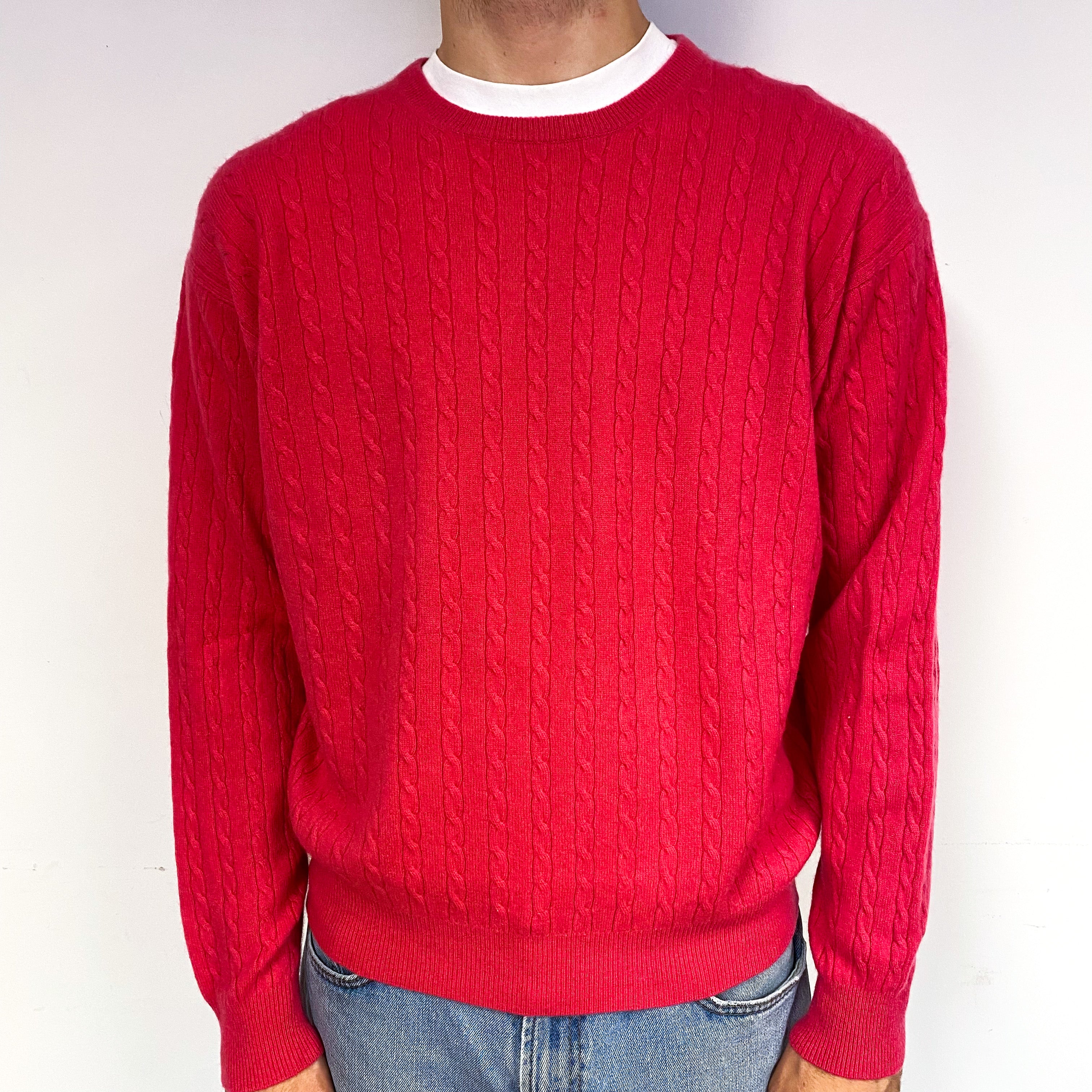 Men's Strawberry Pink Cable Cashmere Crew Neck Jumper Large