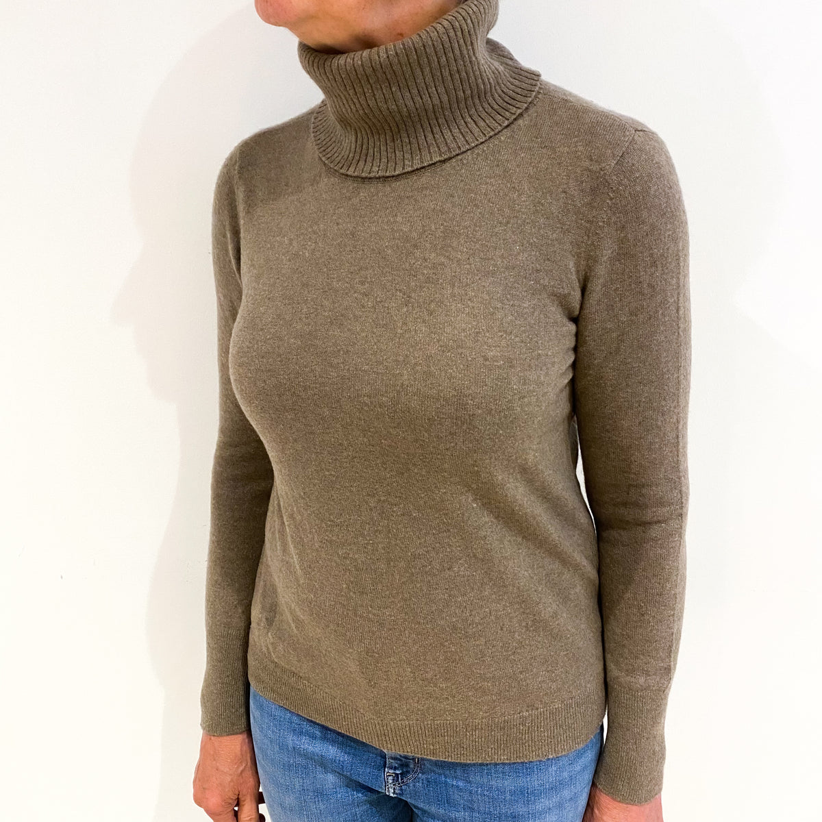 Mocha Brown Cashmere Polo Neck Jumper Medium
