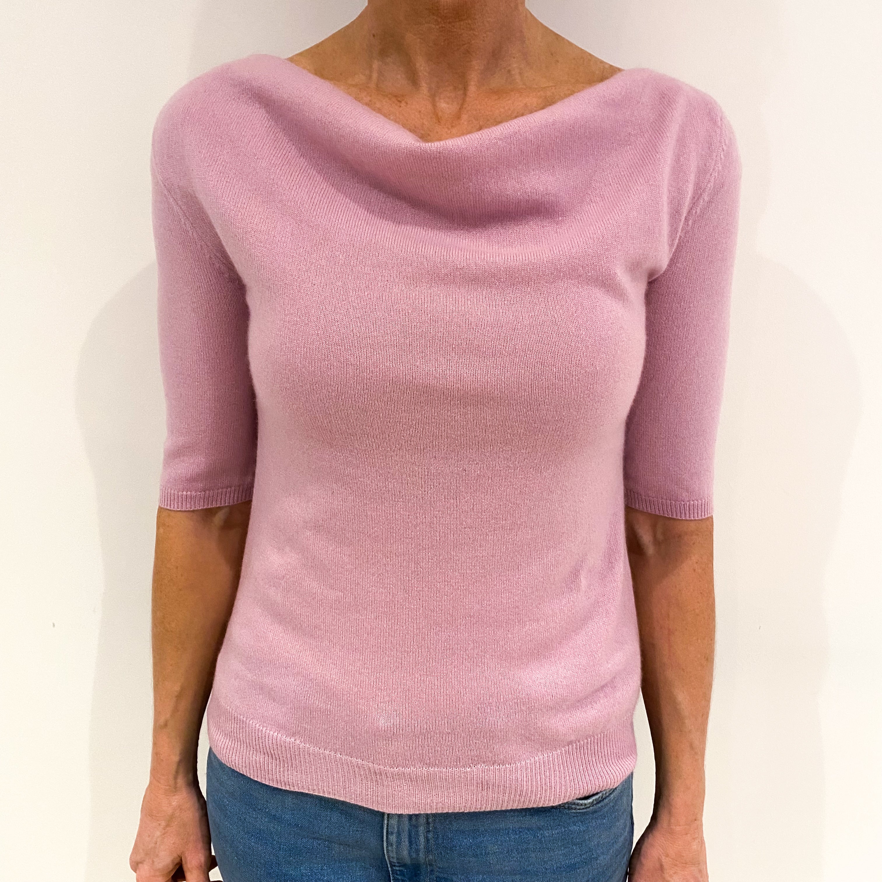 Mauve Pink Cashmere Short Sleeve Drape Neck Jumper Small