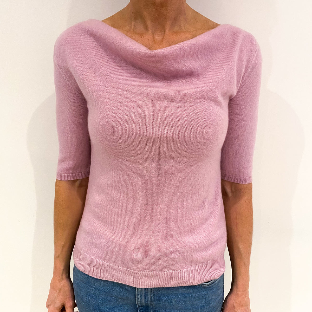 Mauve Pink Cashmere Short Sleeve Drape Neck Jumper Small